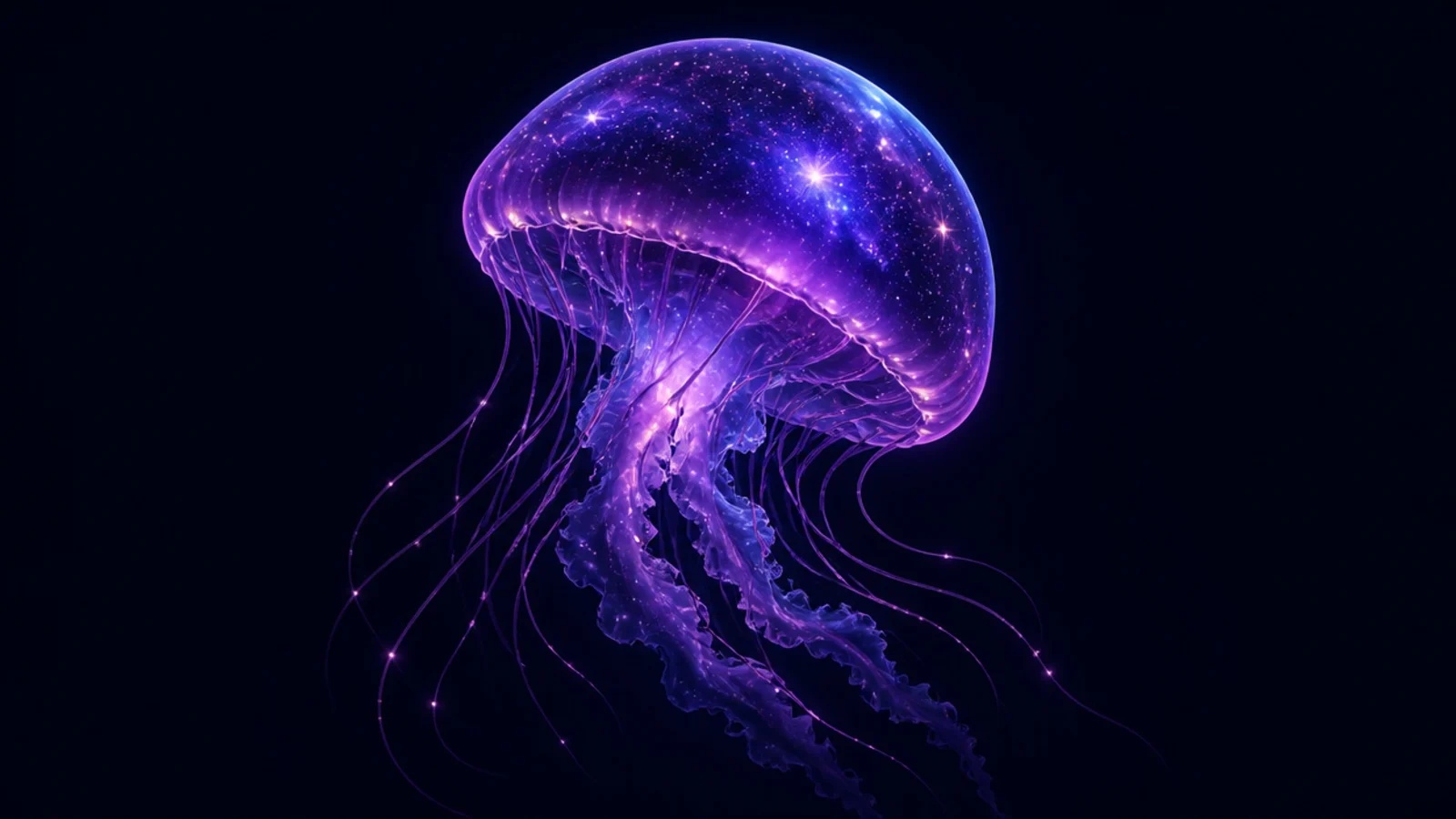 A digital jellyfish with a purple galaxy bell and stars