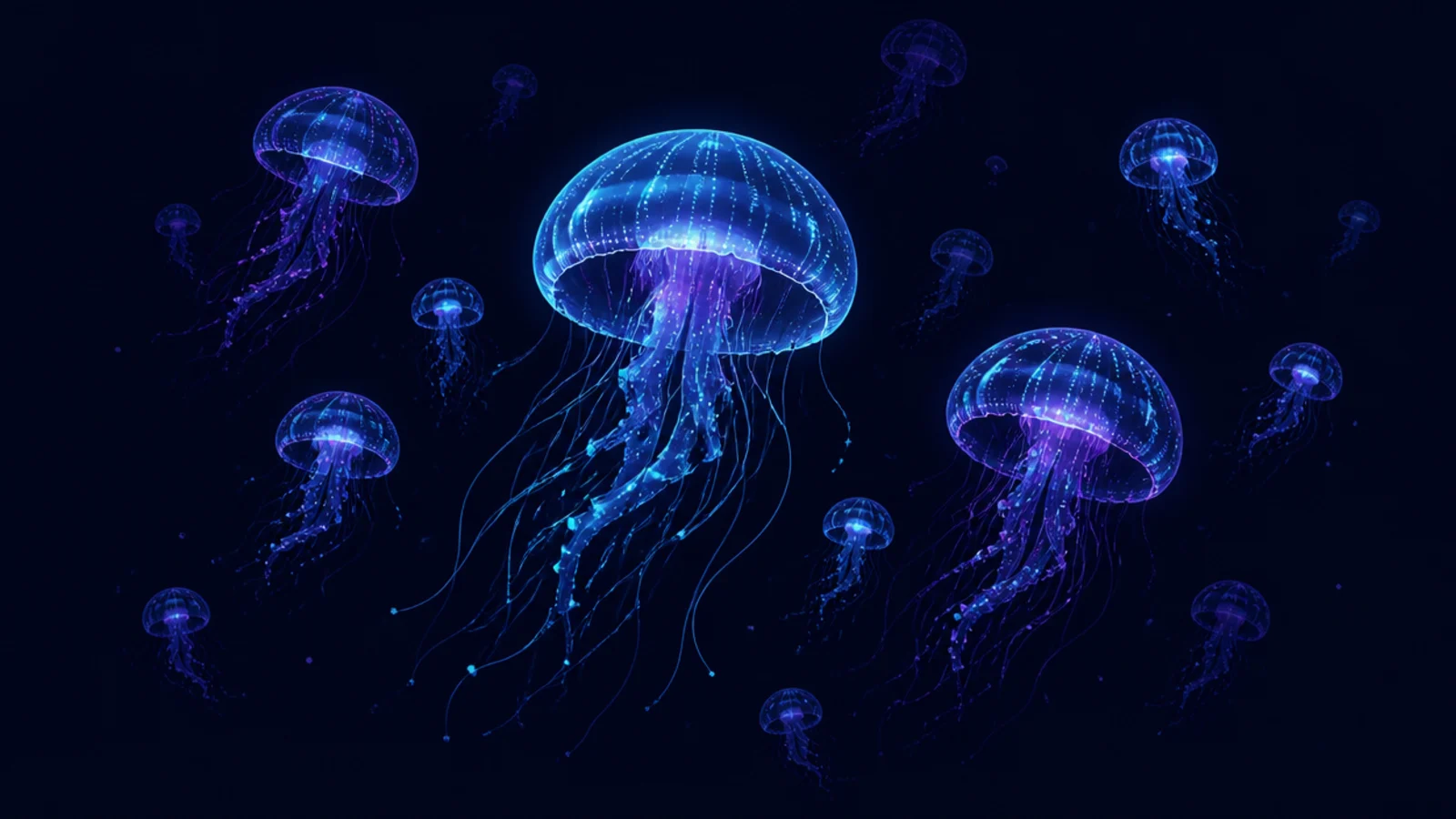 A swarm of glowing digital jellyfish drifting in the dark