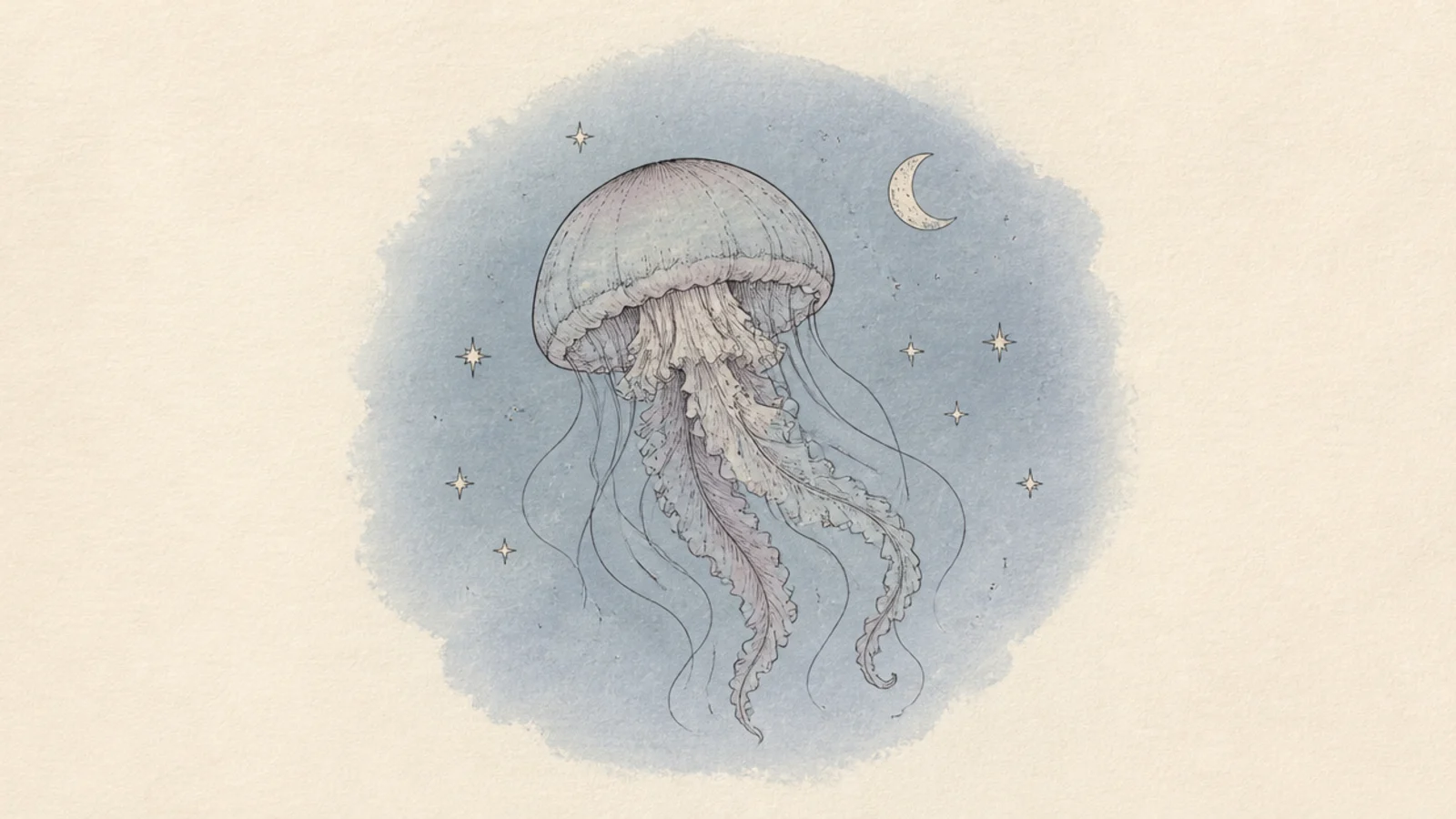 A soft muted jellyfish drifting among stars and a crescent moon