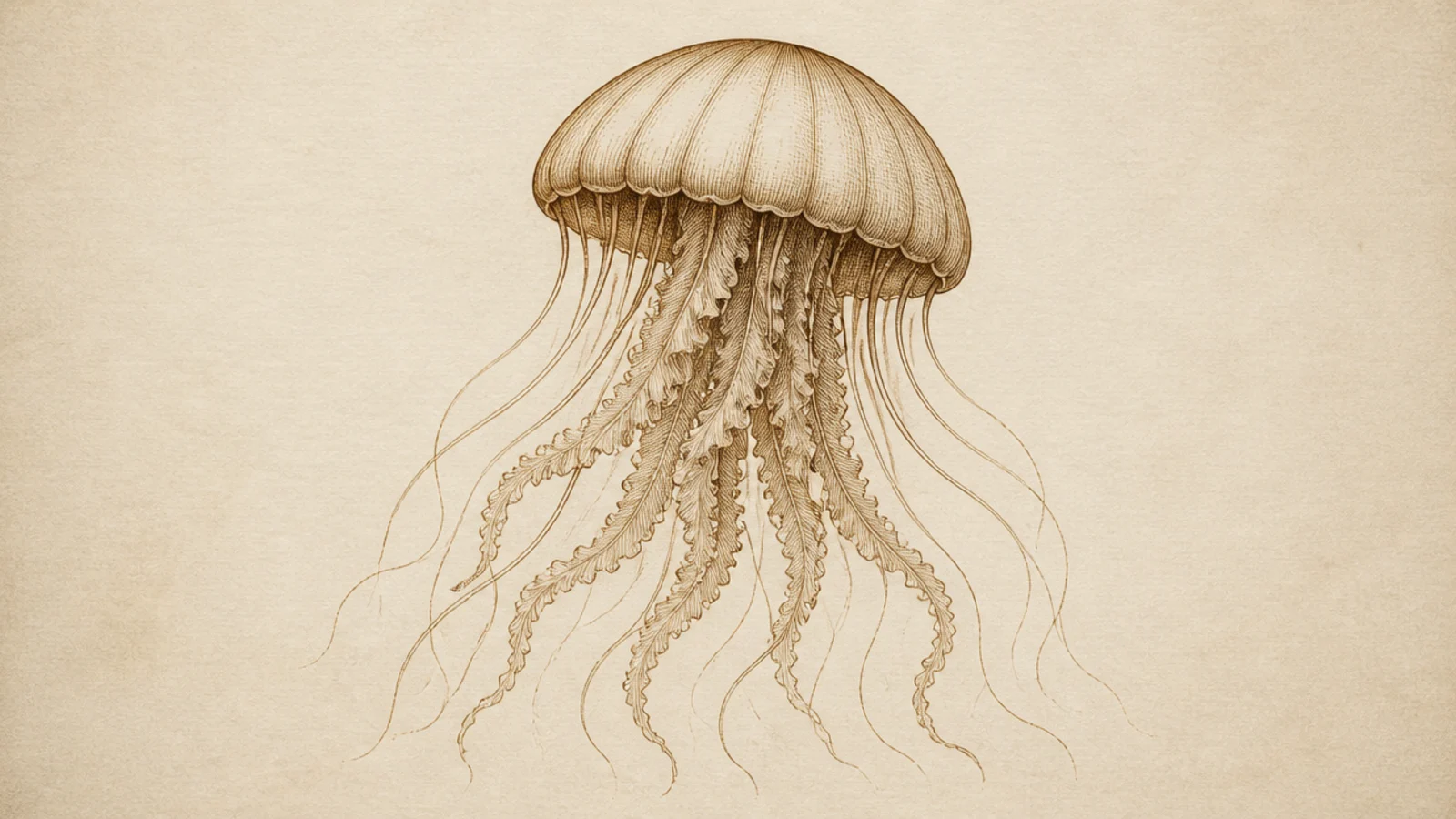 A sepia-toned jellyfish drawn like a vintage botanical illustration