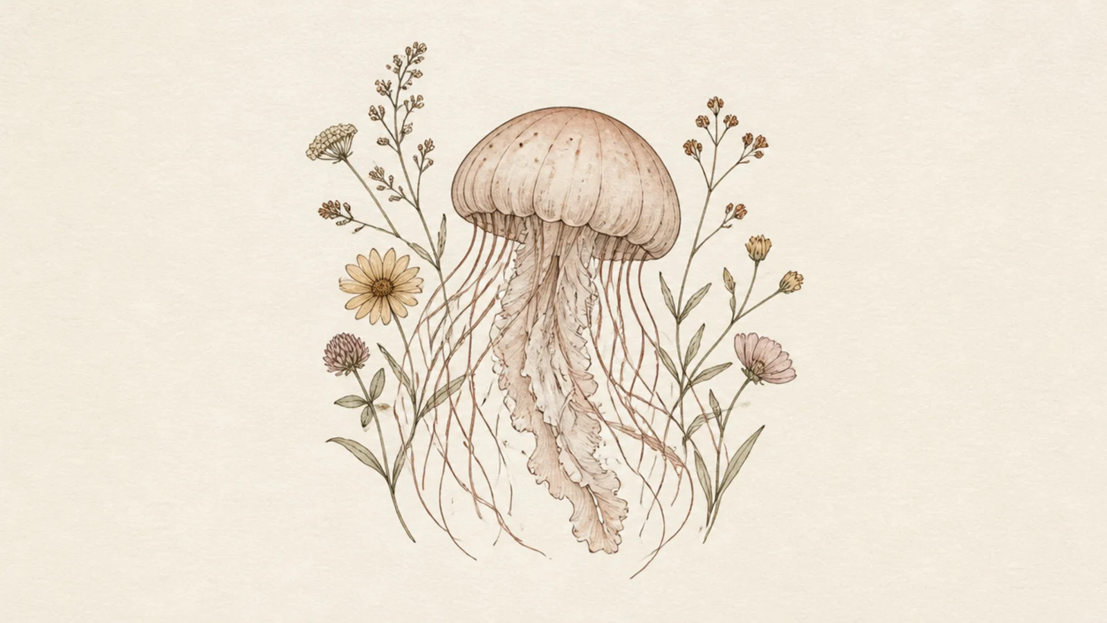 A soft jellyfish paired with sprigs of tiny wildflowers