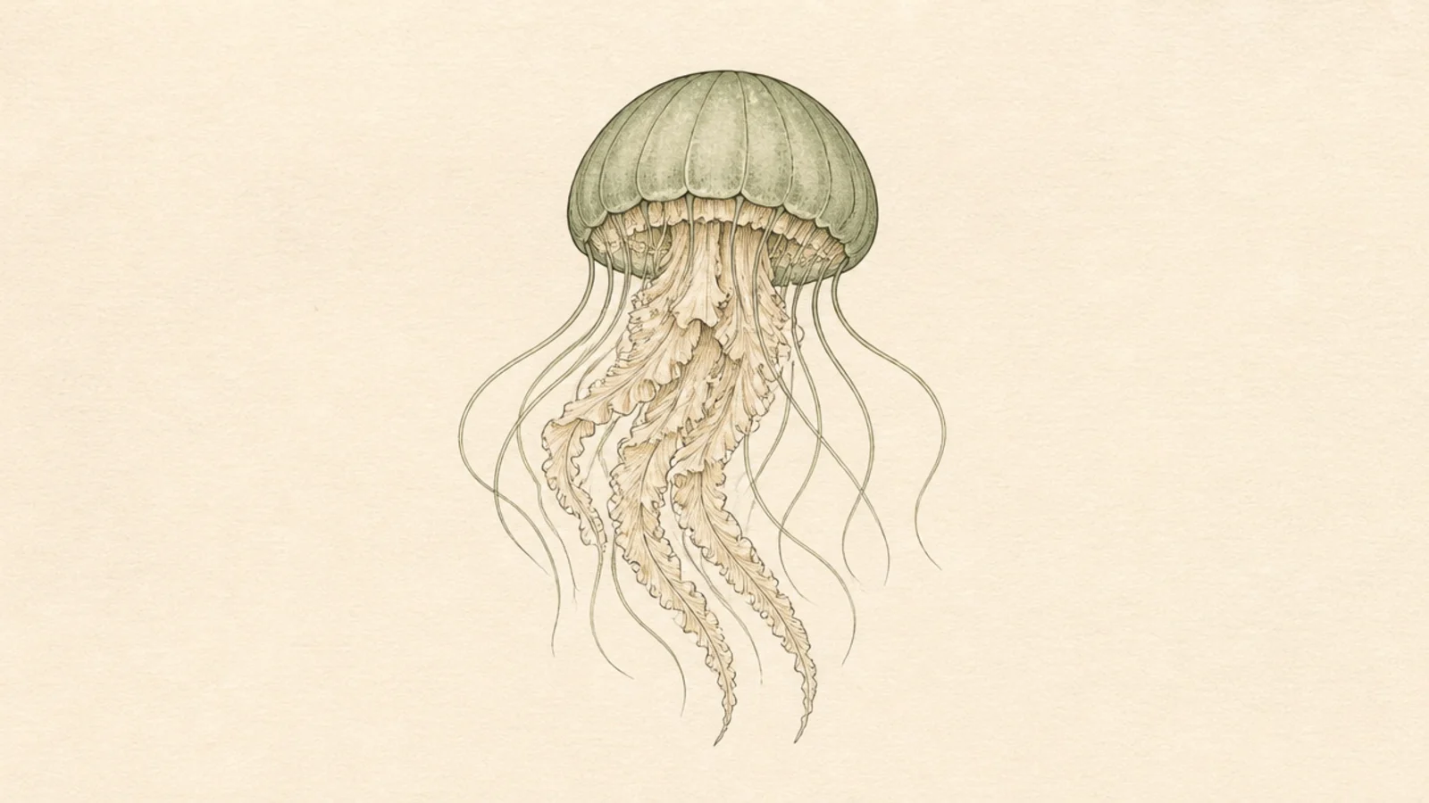 A jellyfish in a muted sage green and cream palette