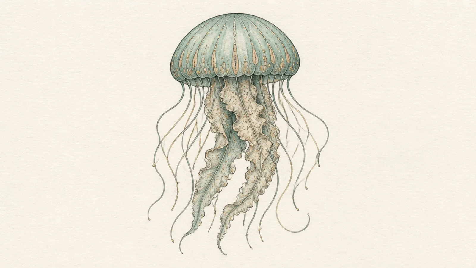 A jellyfish in a soft muted teal, sand, and cream ocean palette