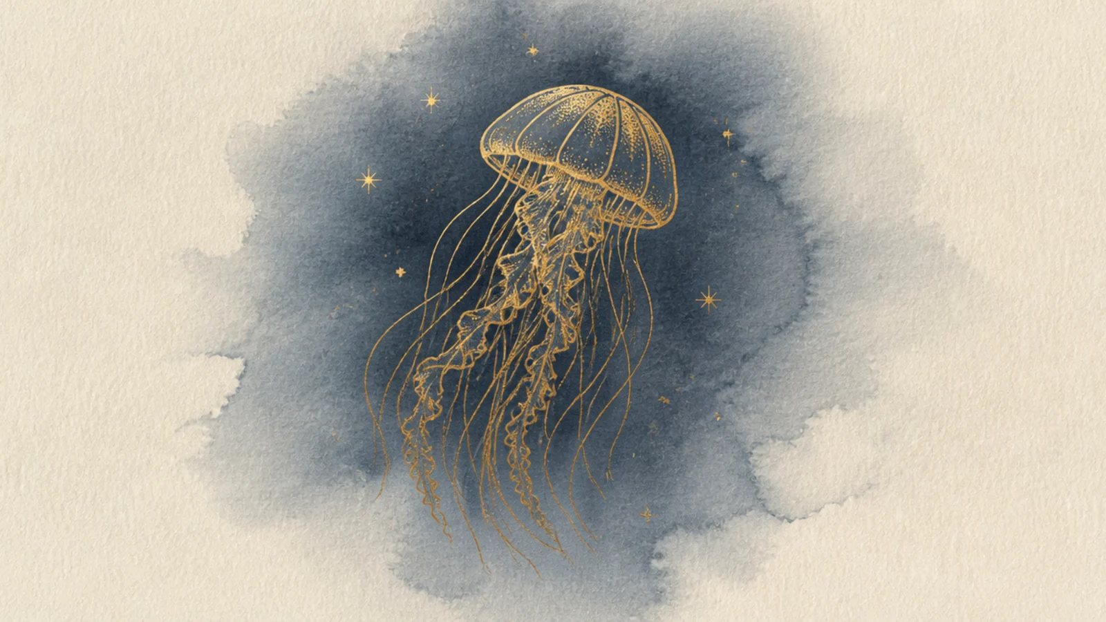 A jellyfish outlined in metallic gold on a muted background