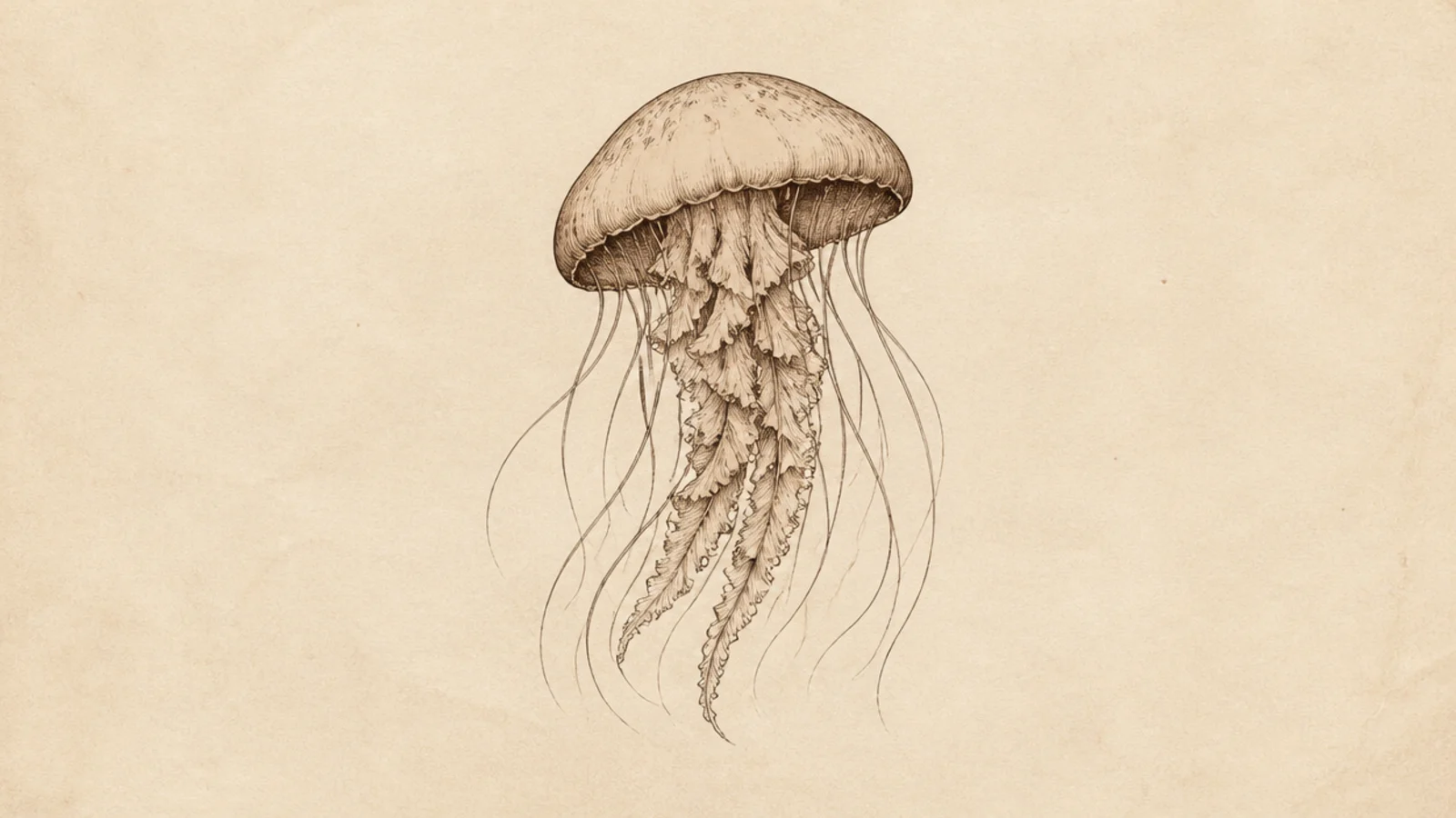 A moody jellyfish in deep muted browns and ink on aged paper