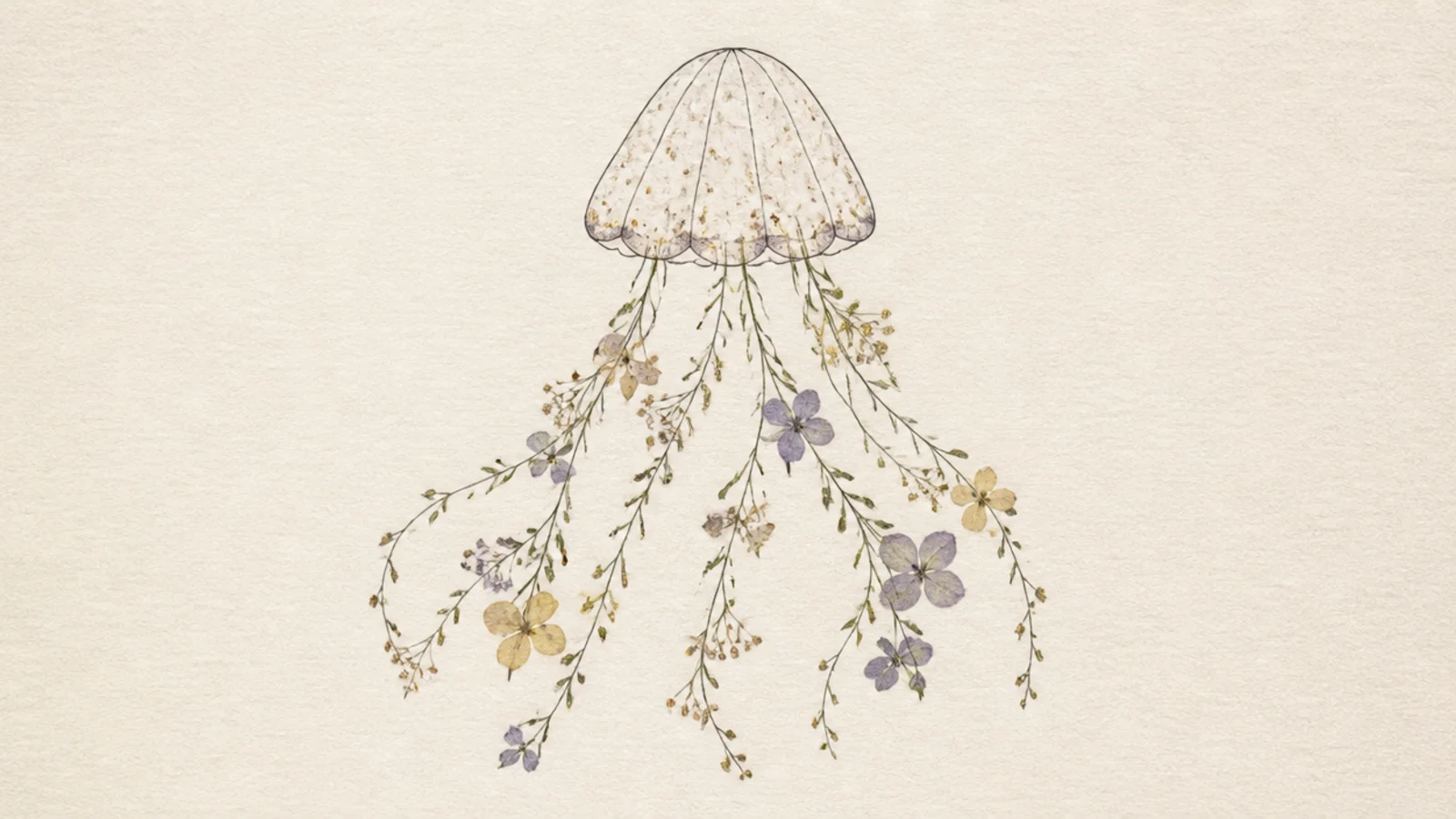 A jellyfish drawn with delicate pressed-flower style botanical tentacles