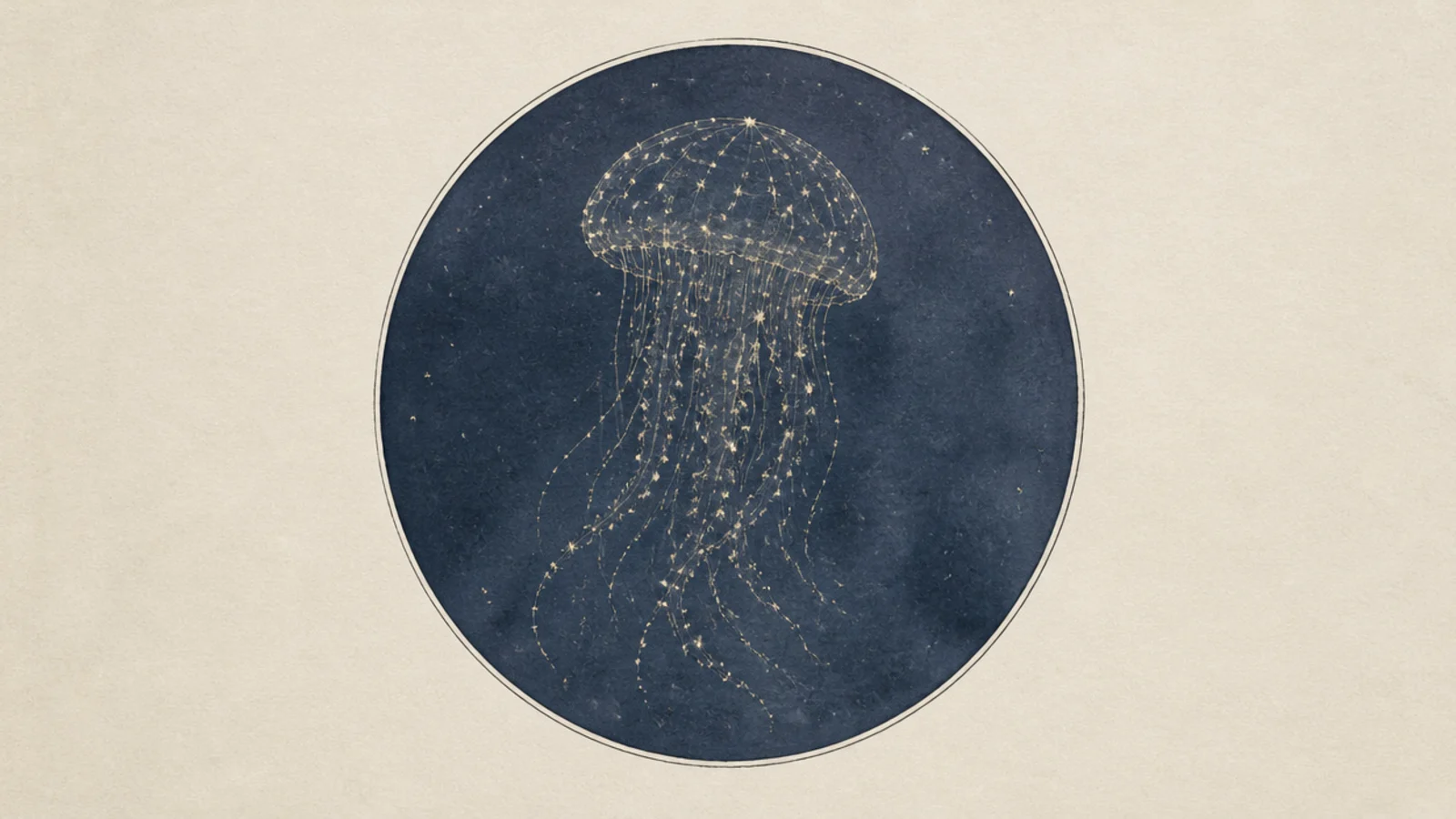 A jellyfish drawn as fine connected star-lines on a muted night wash