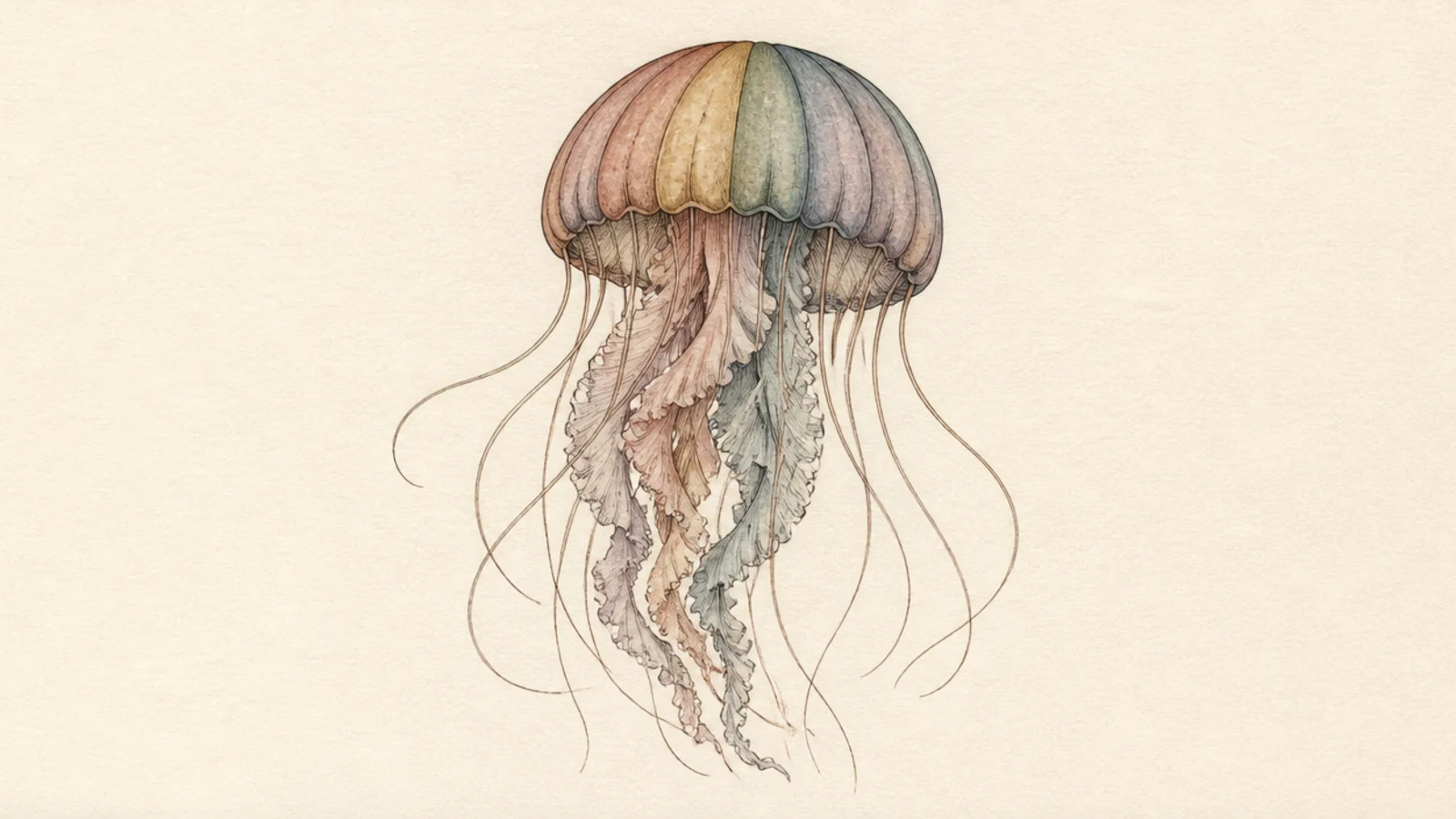 A jellyfish in a soft, dusty muted-rainbow palette