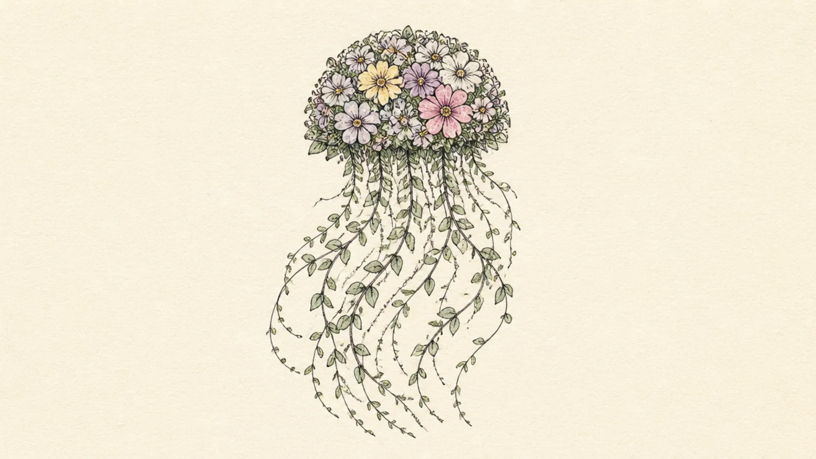 A jellyfish whose bell is made of clustered flowers with vine tentacles