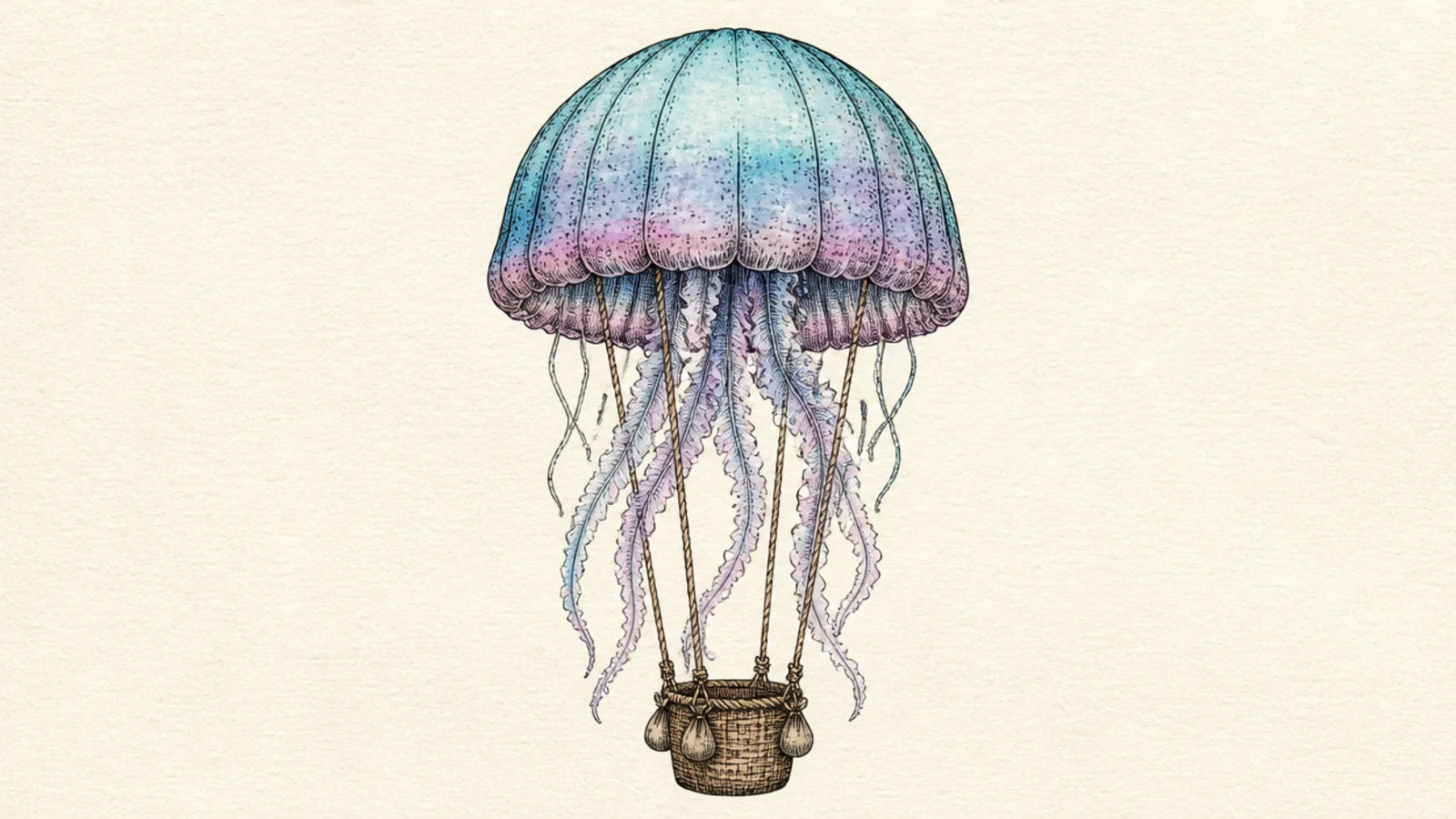 A jellyfish drawn like a hot air balloon with a small basket