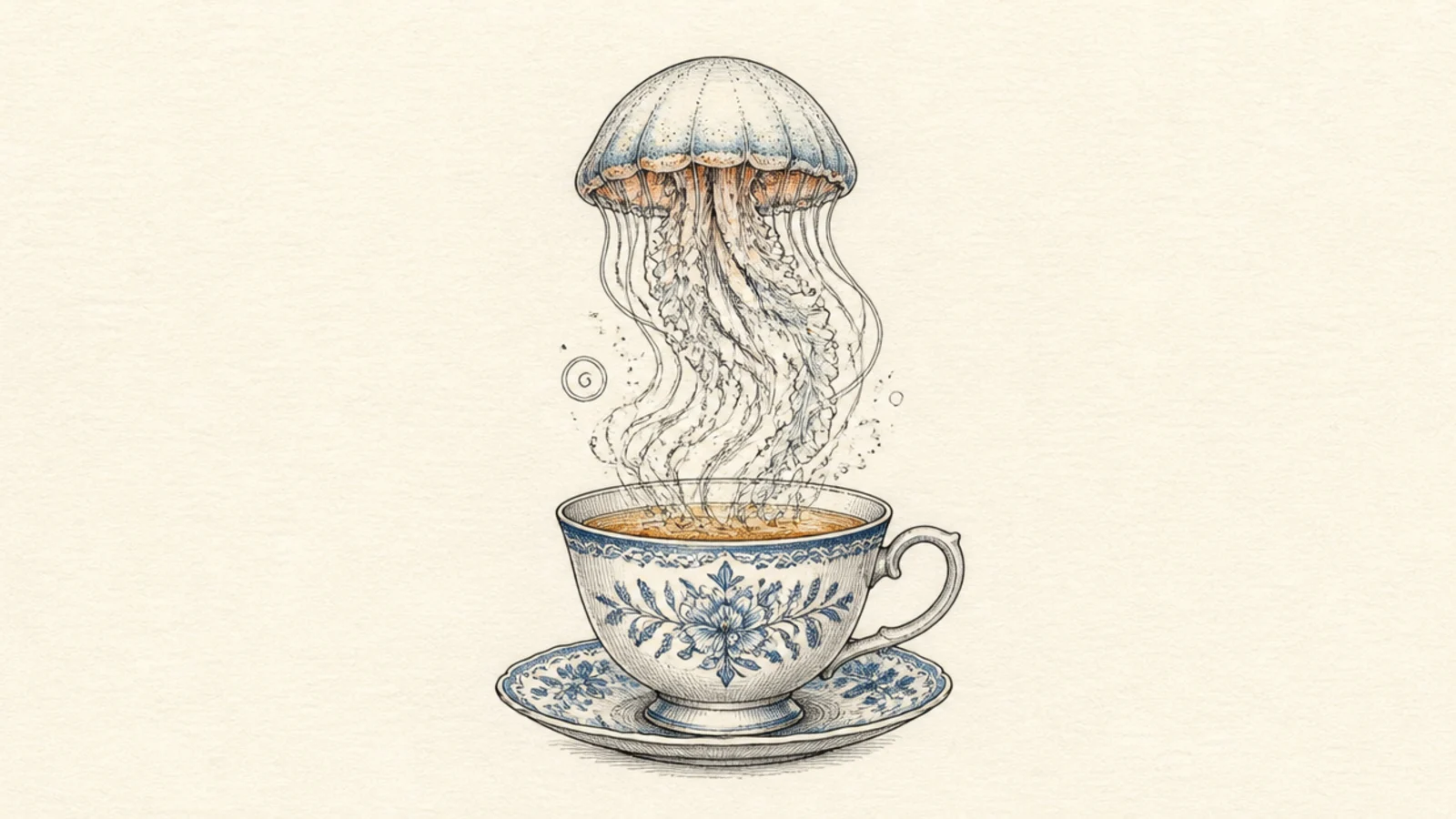 A teacup with a jellyfish rising from it and steam-like tentacles