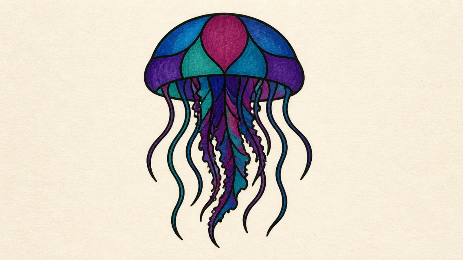 A jellyfish drawn as stained glass with bold black outlines and colored panels