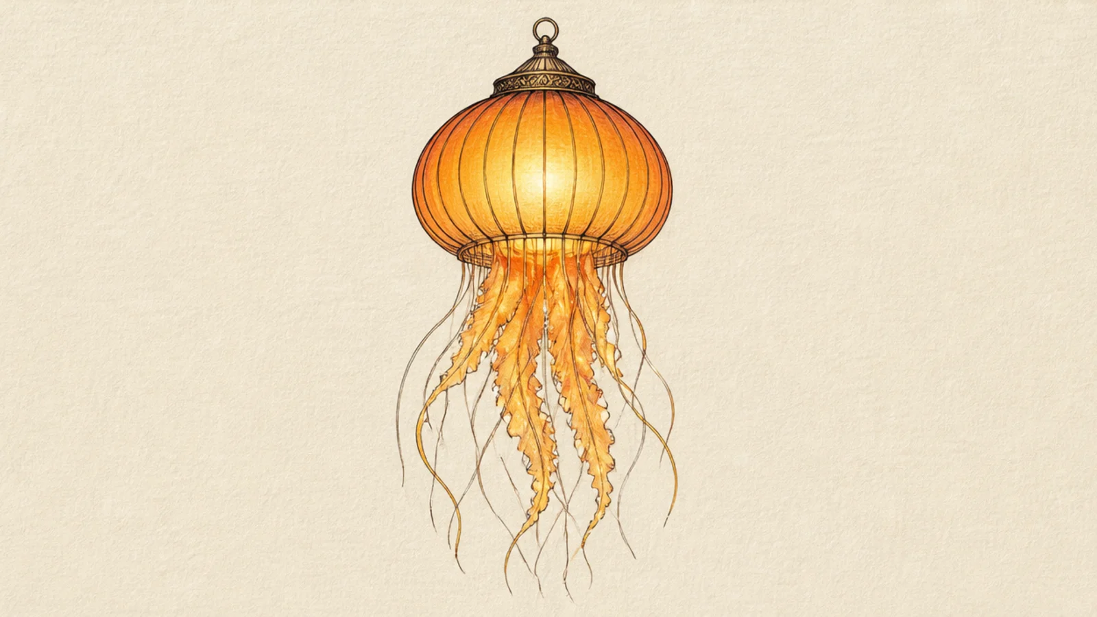 A glowing paper-lantern jellyfish with a warm light inside