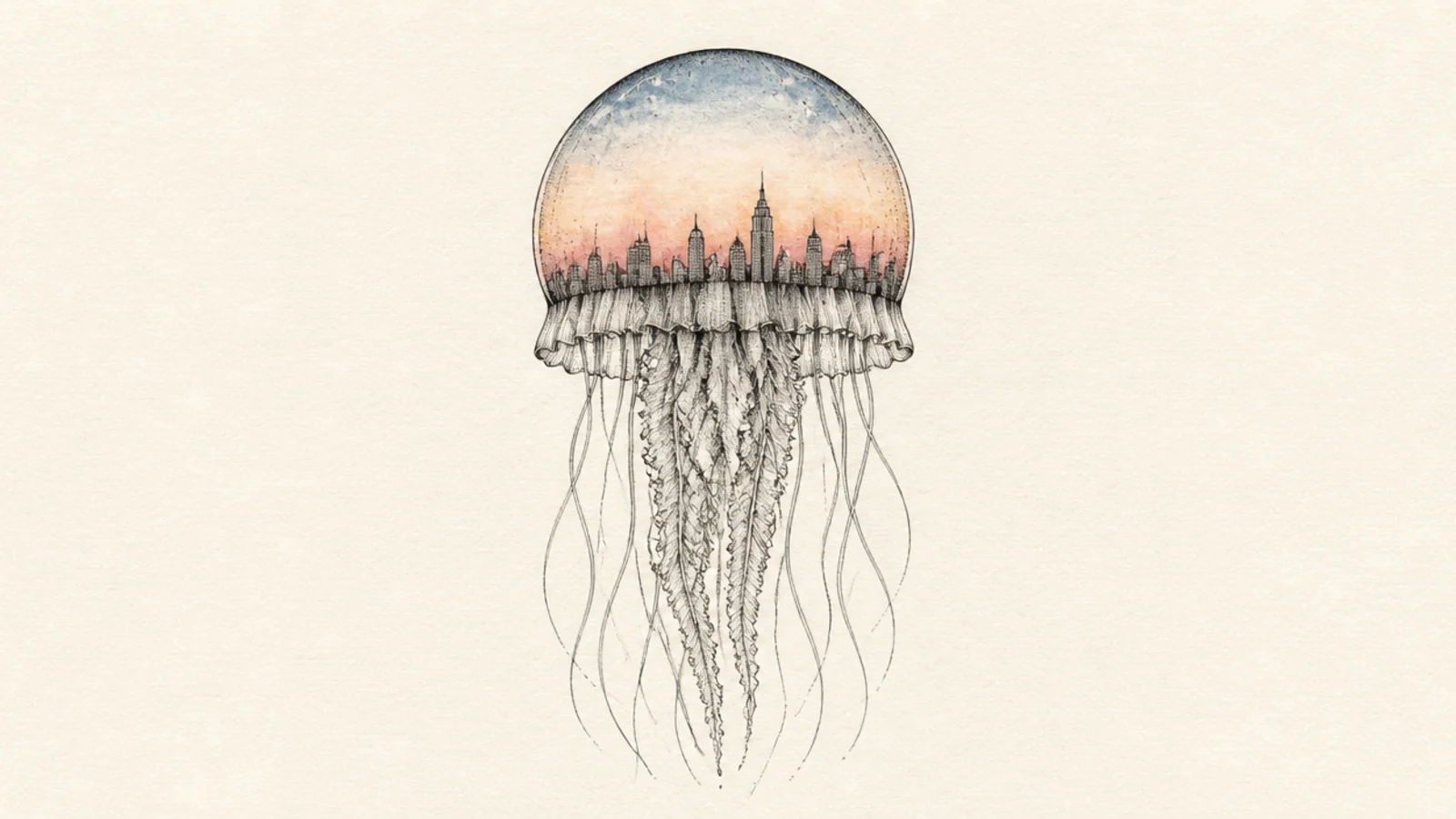 A jellyfish with a tiny city skyline silhouette inside its bell