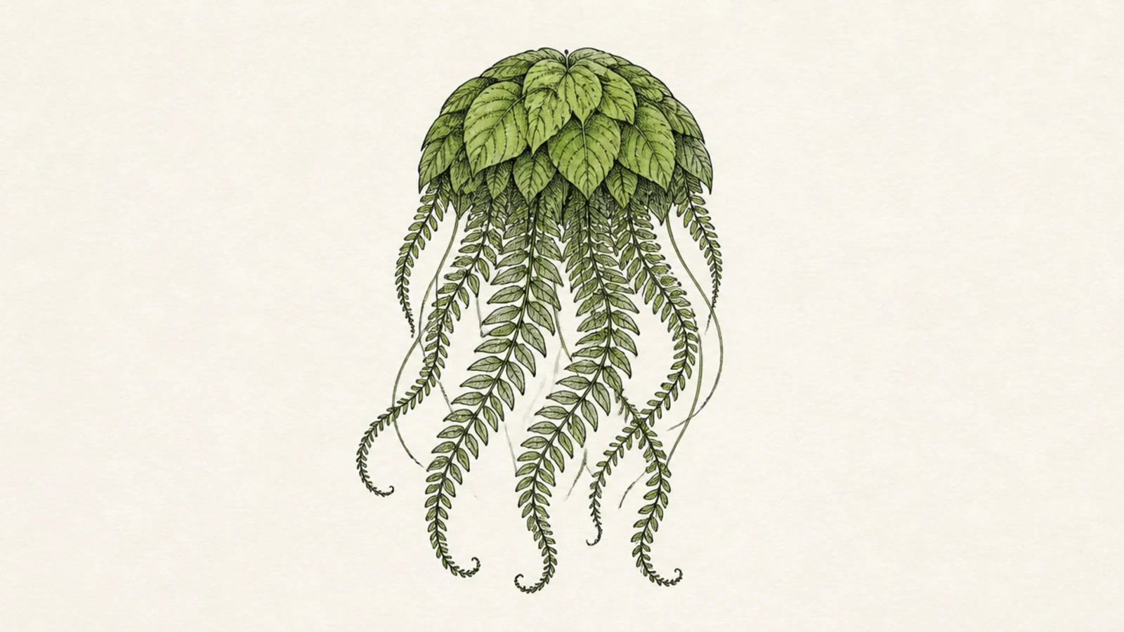 A jellyfish whose bell and tentacles are made of leaves and ferns