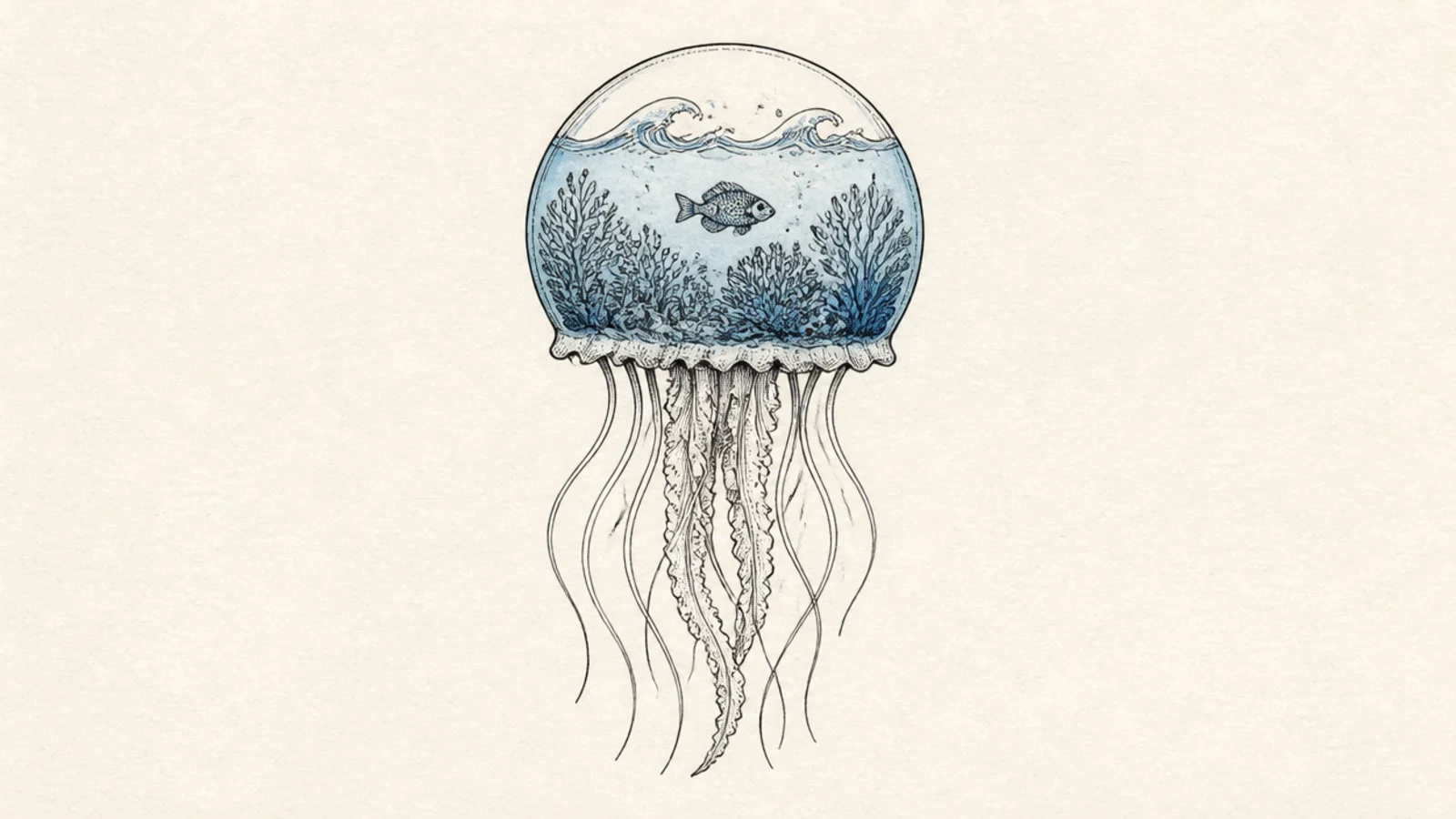 A jellyfish bell containing a tiny underwater scene with coral and fish