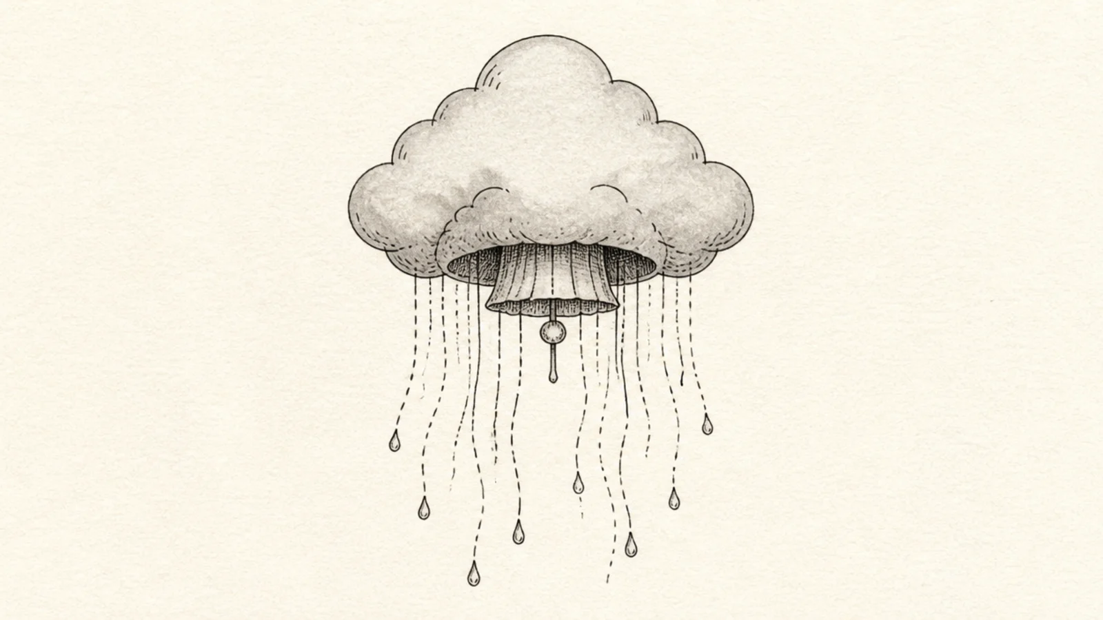A jellyfish drawn like a cloud with rain-line tentacles