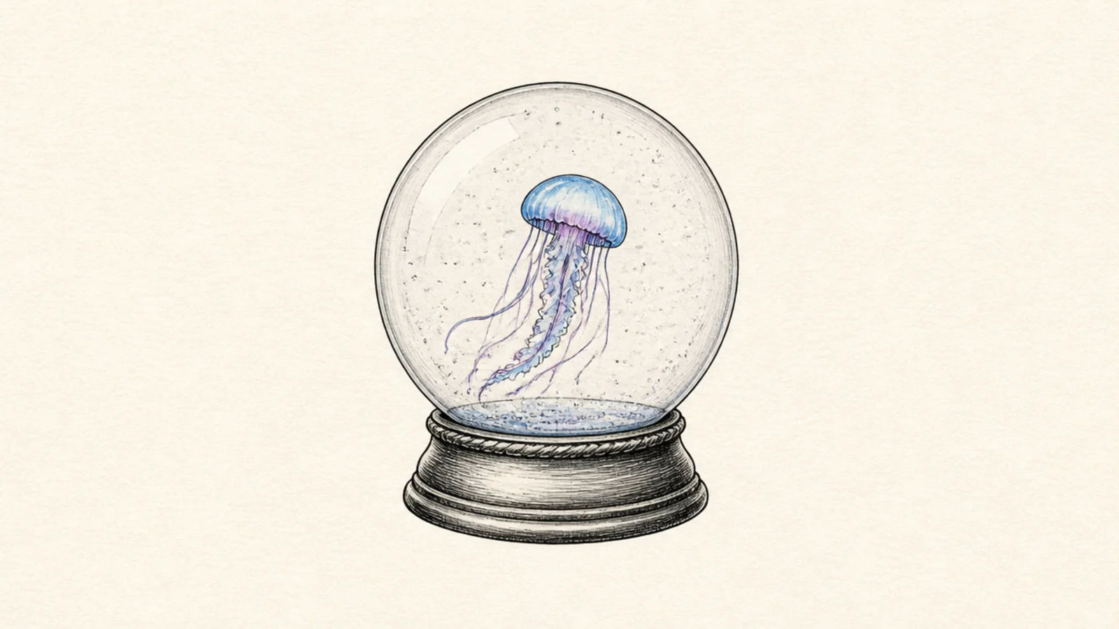 A small jellyfish floating inside a snow globe on a base