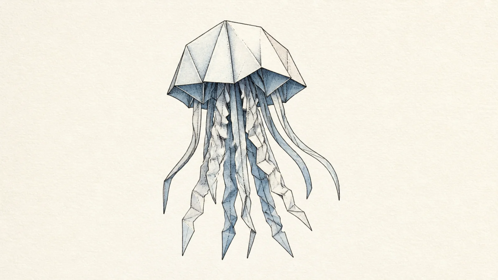 A jellyfish drawn to look folded from paper with crisp creases