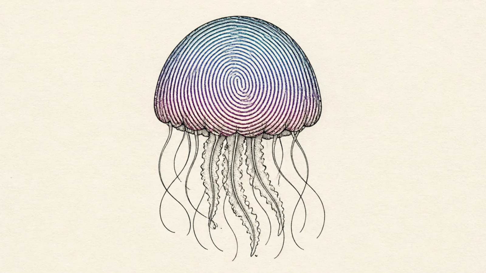A jellyfish whose bell is filled with fingerprint-like swirl lines