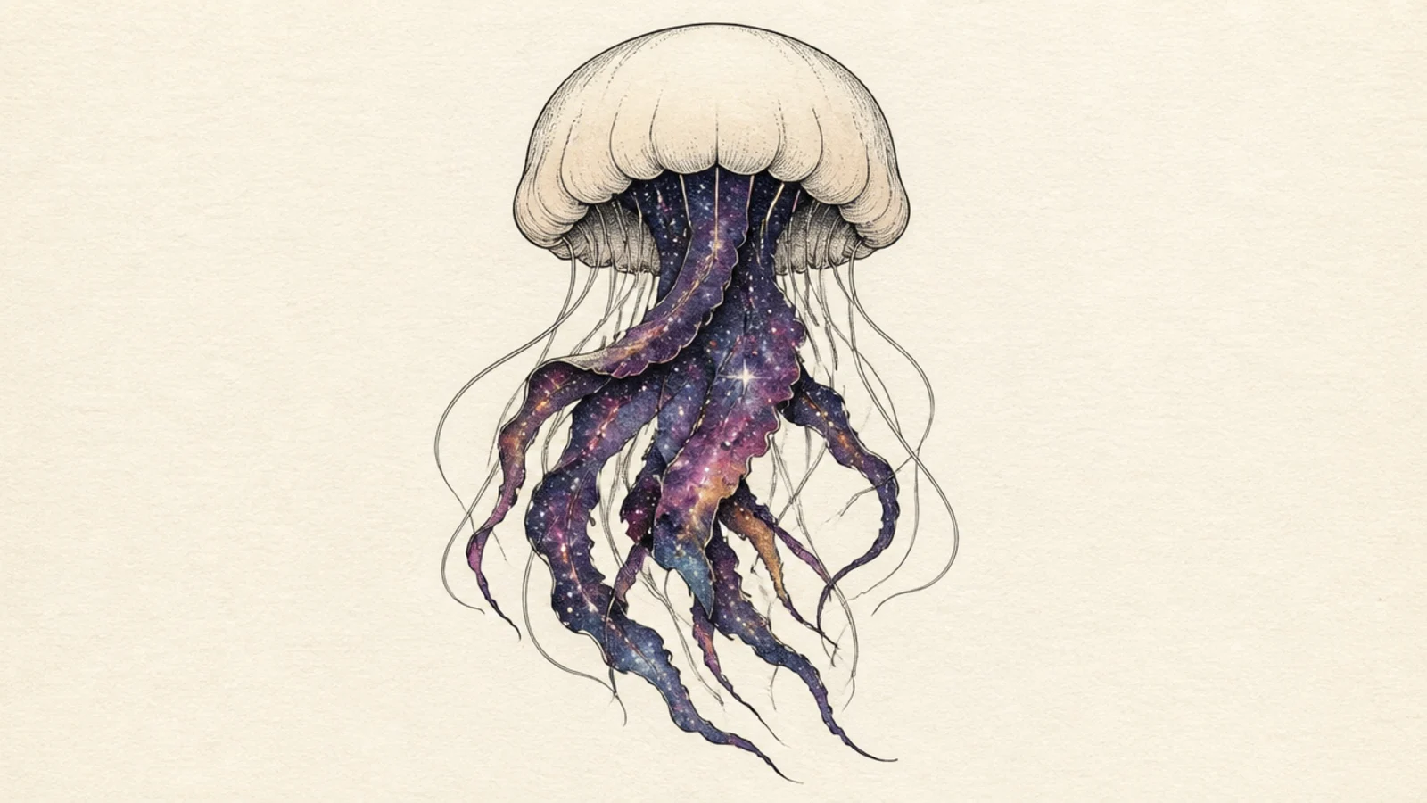 A jellyfish with a plain bell and long tentacles filled with stars