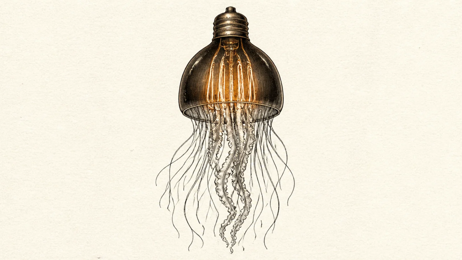 A jellyfish bell drawn like a glowing filament lightbulb