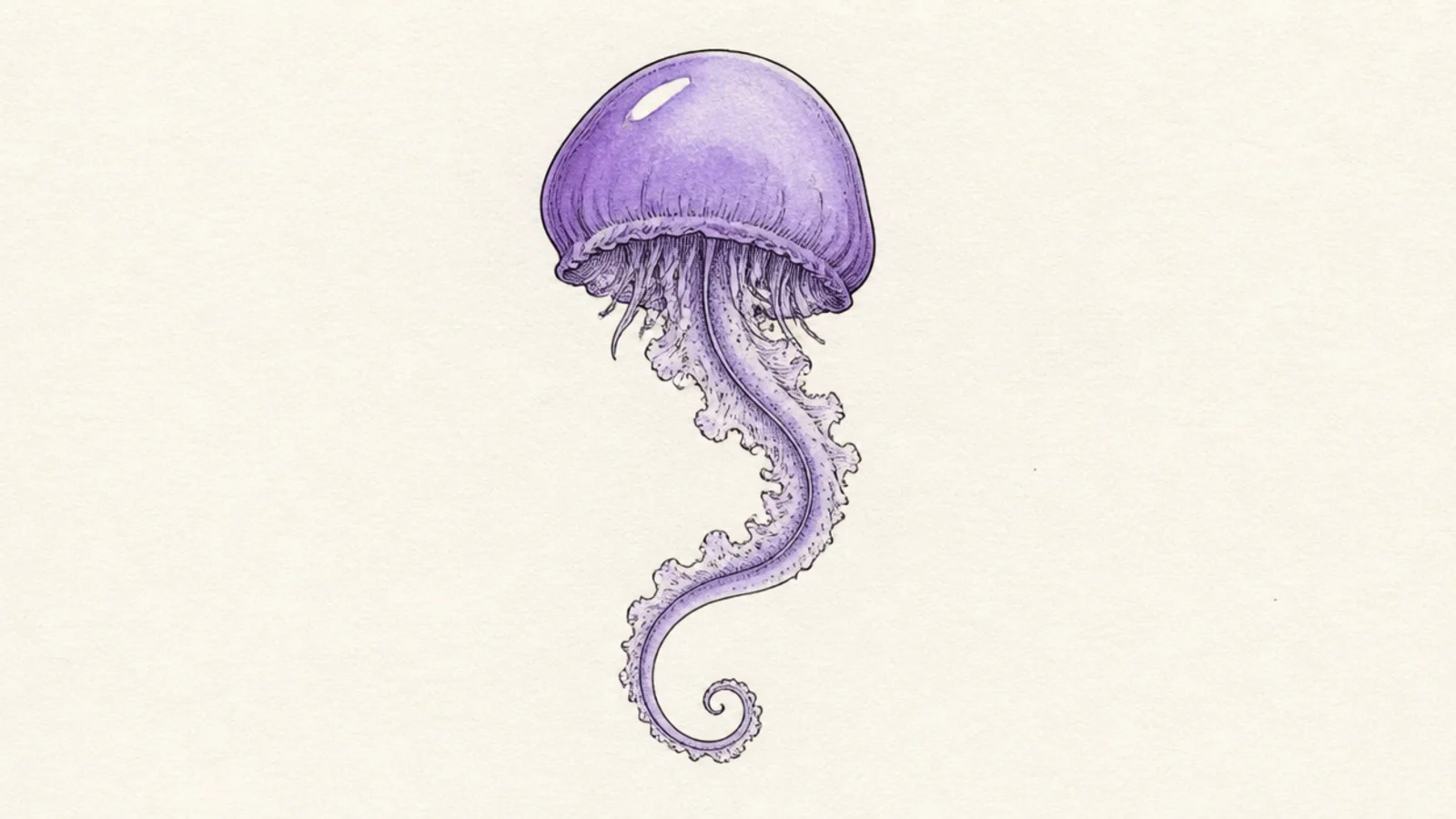 A single elegant jellyfish with a smooth teardrop bell and one flowing tentacle