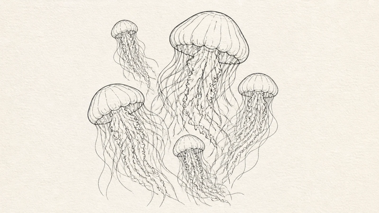 A minimal line-art swarm of several jellyfish drawn in continuous lines