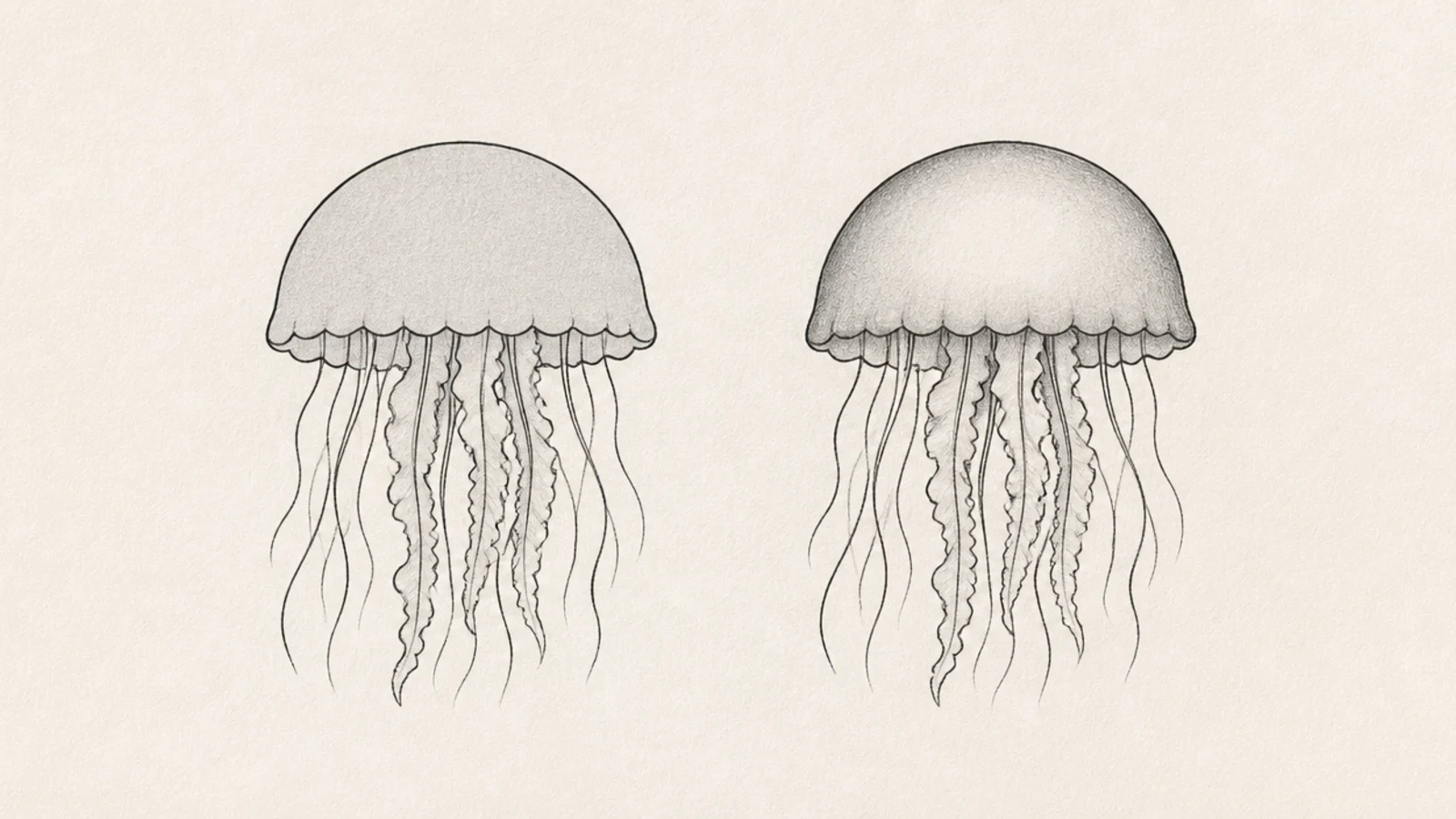 A comparison of a flat evenly-shaded jellyfish bell and a rounded shaded one