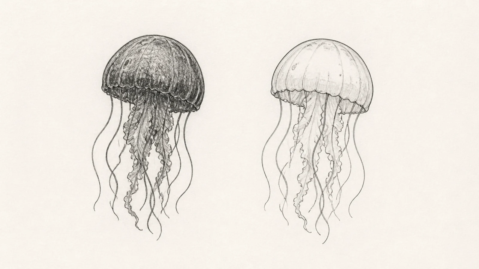 A comparison of a heavily over-shaded jellyfish and a lightly shaded one