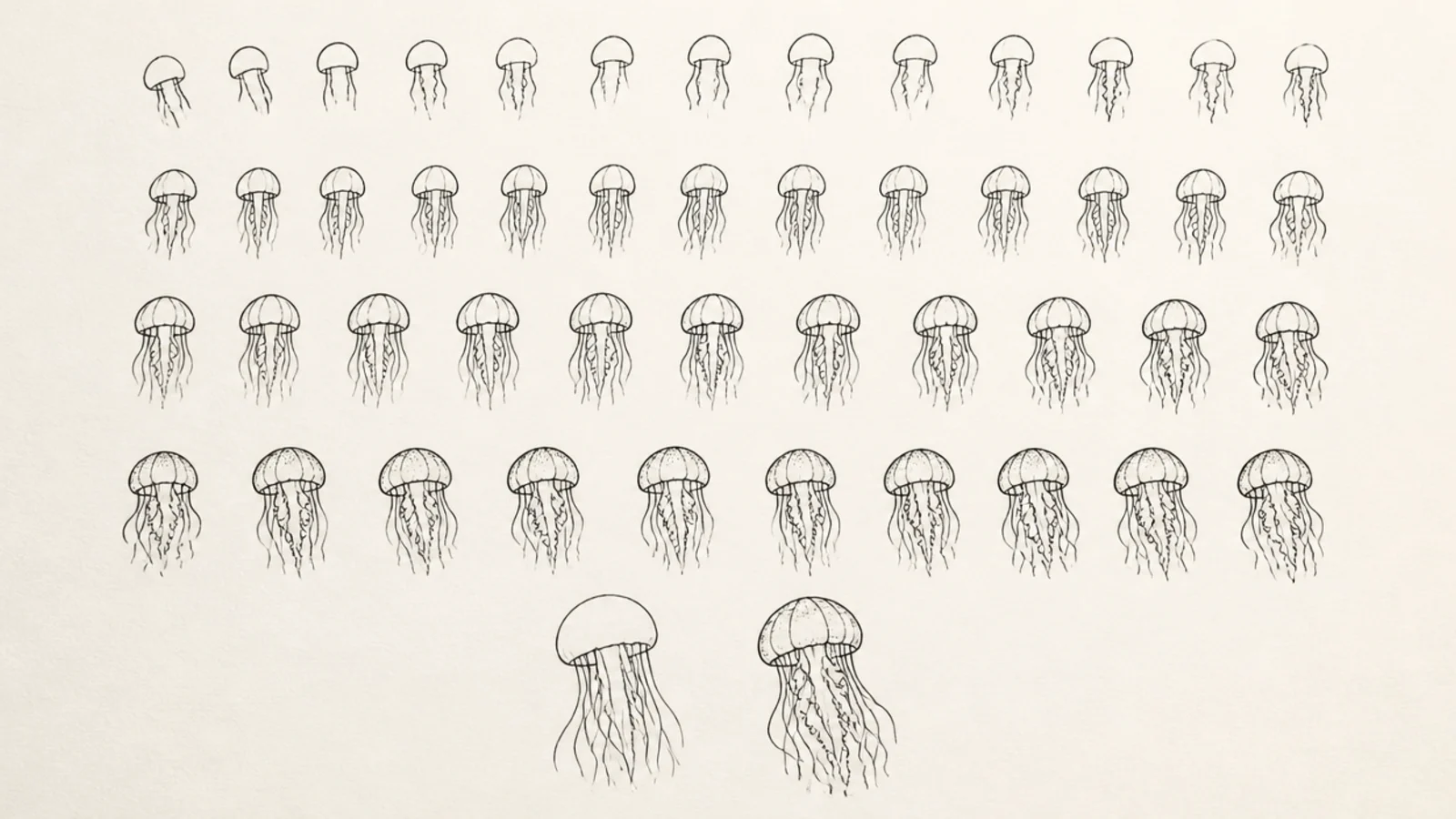 A practice page of jellyfish bells drawn over and over