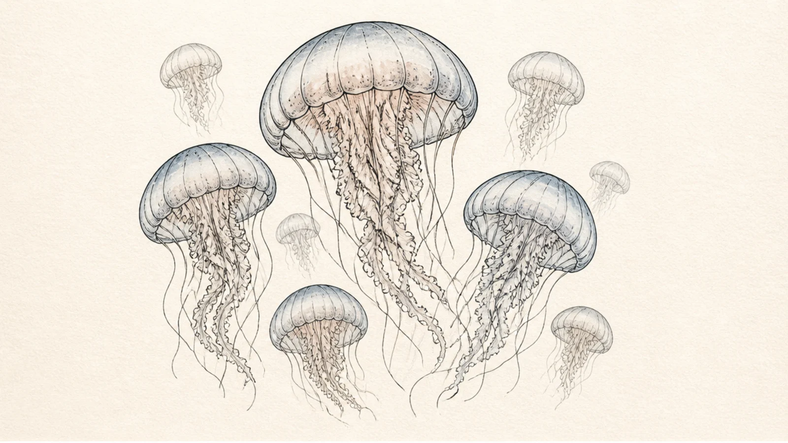 Several step-by-step jellyfish drawn together at different sizes