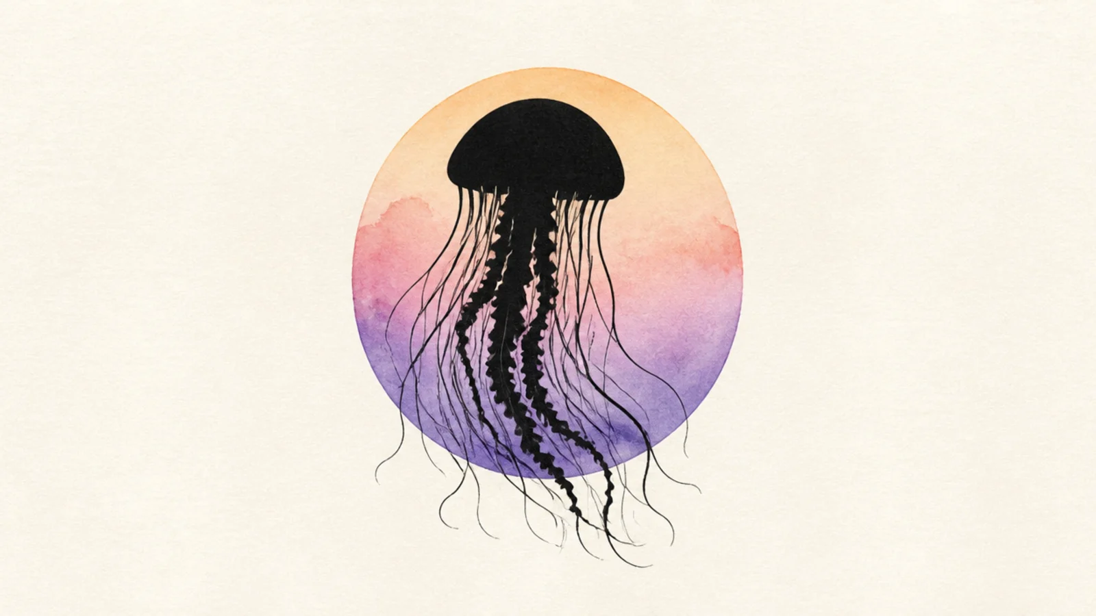 The jellyfish as a solid black silhouette on a colored wash