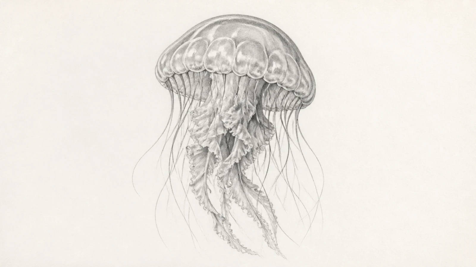 A realistic translucent jellyfish rendered in detailed graphite