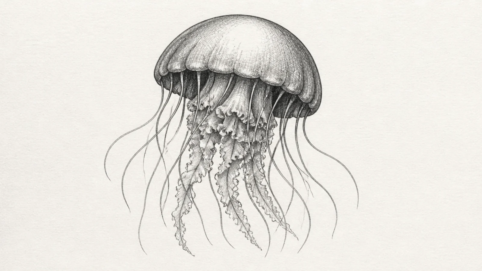 A jellyfish shaded with layered cross-hatching for deep shadow