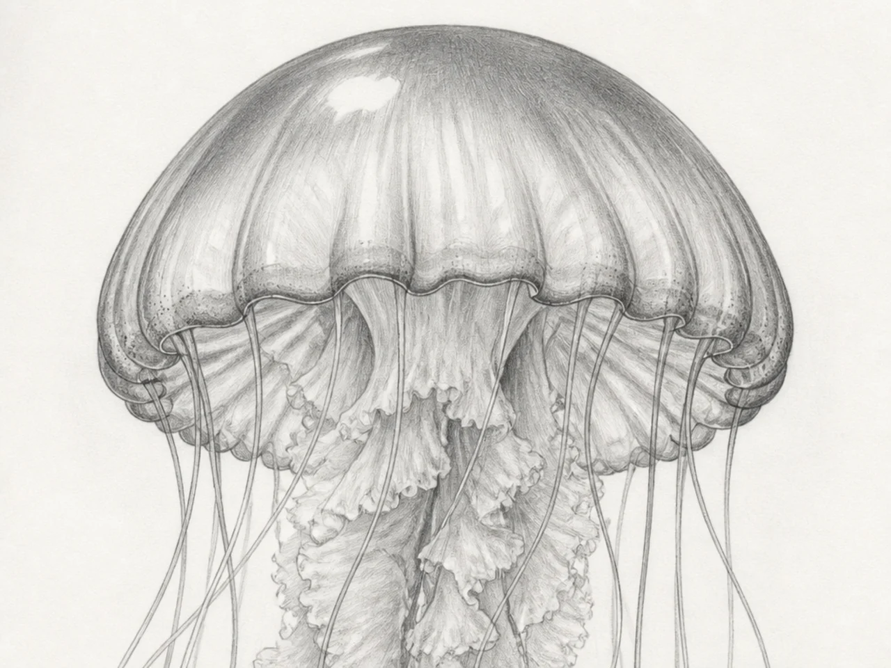 A close-up portrait-style pencil study of a jellyfish bell