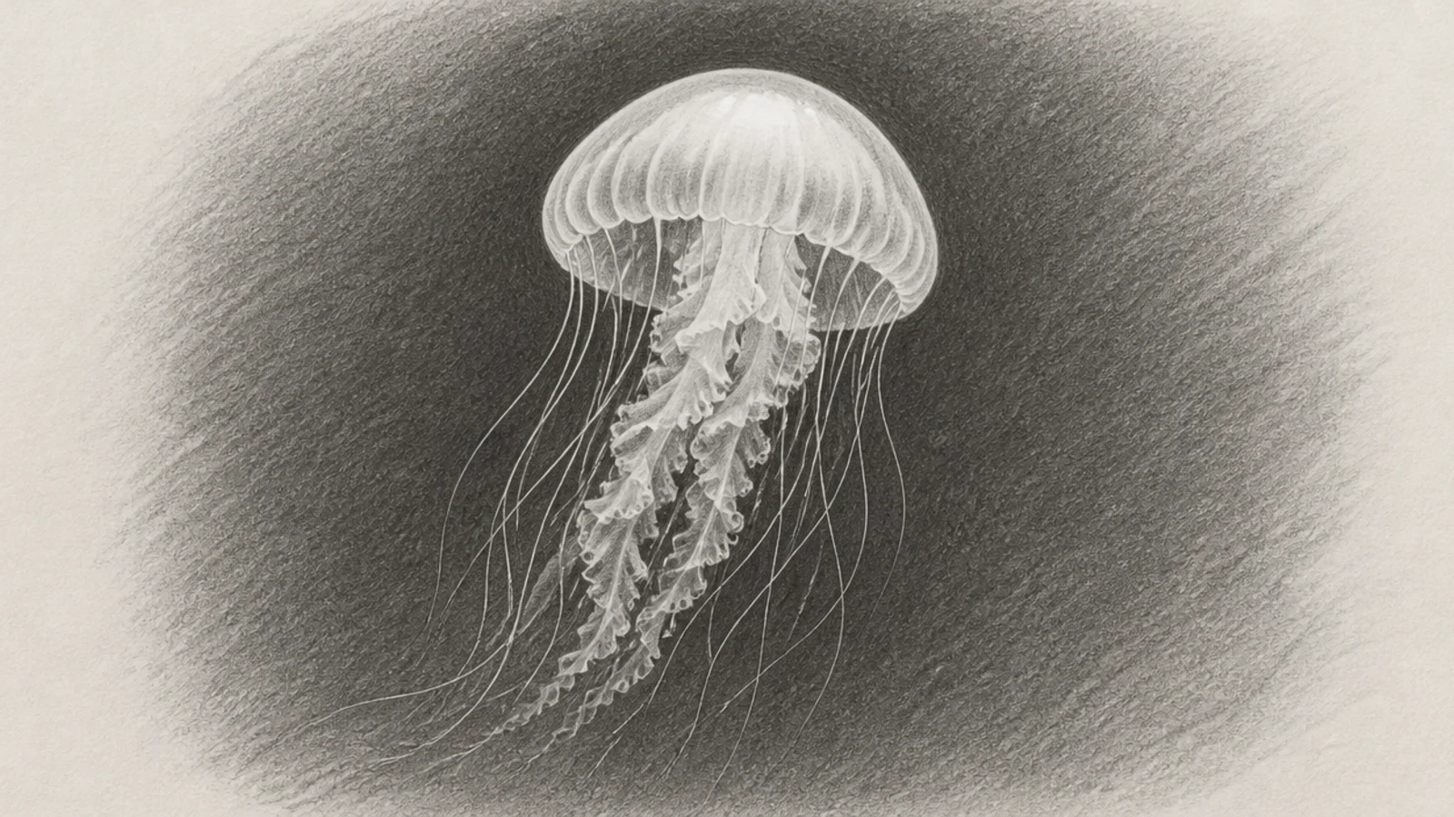 A pale jellyfish shape left in reserve against a dark pencil background