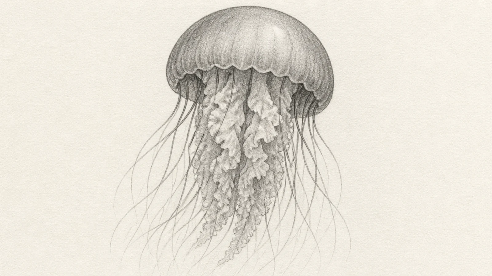 A detailed pencil study showing a jellyfish's bell, arms, and tentacles