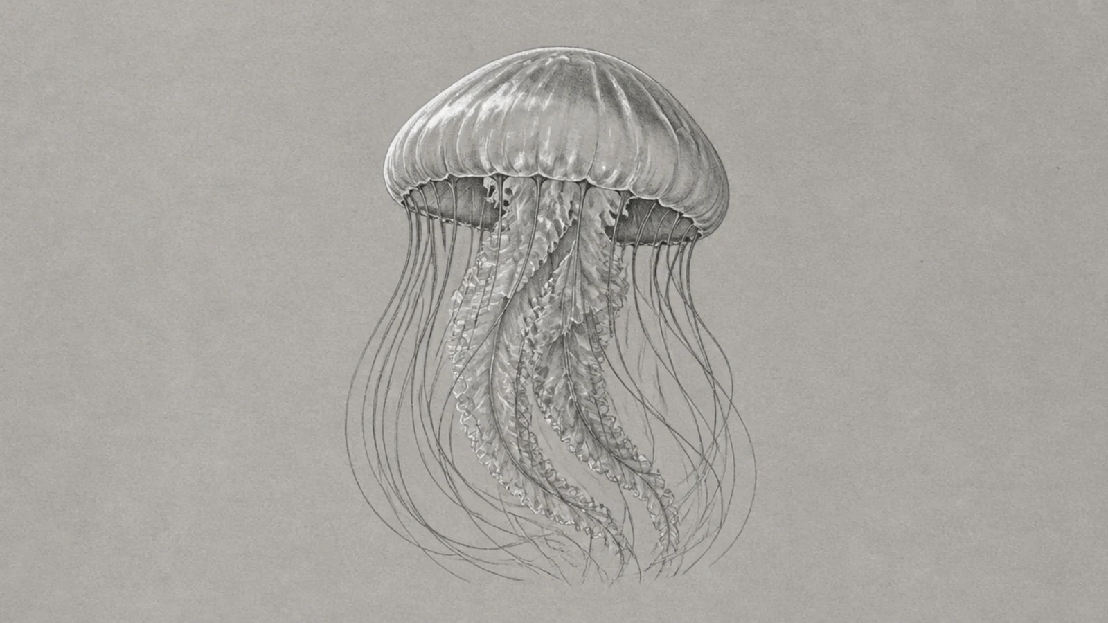 A jellyfish drawn on gray toned paper with graphite and white highlights
