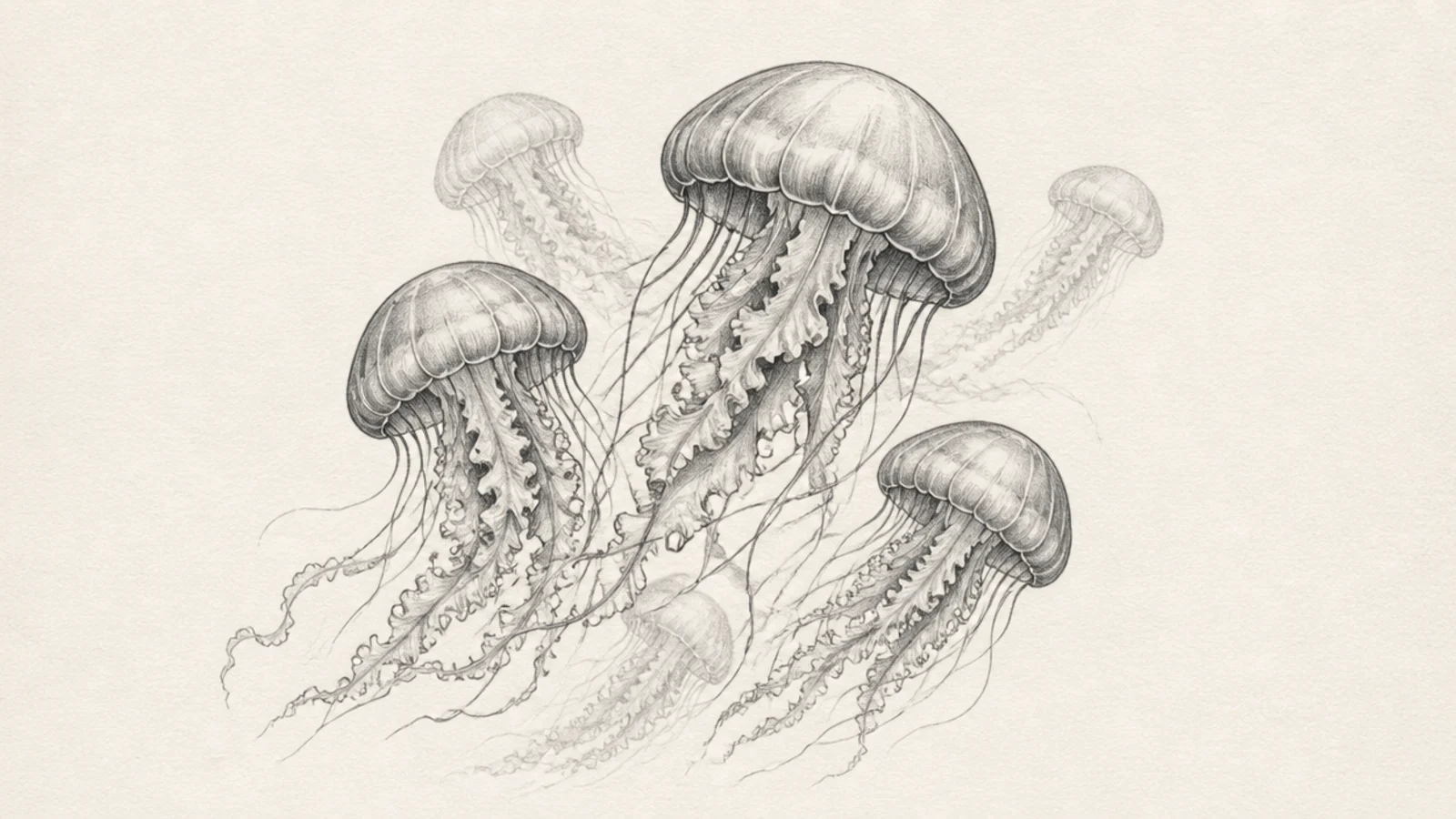 Overlapping jellyfish shaded to create foreground and background depth