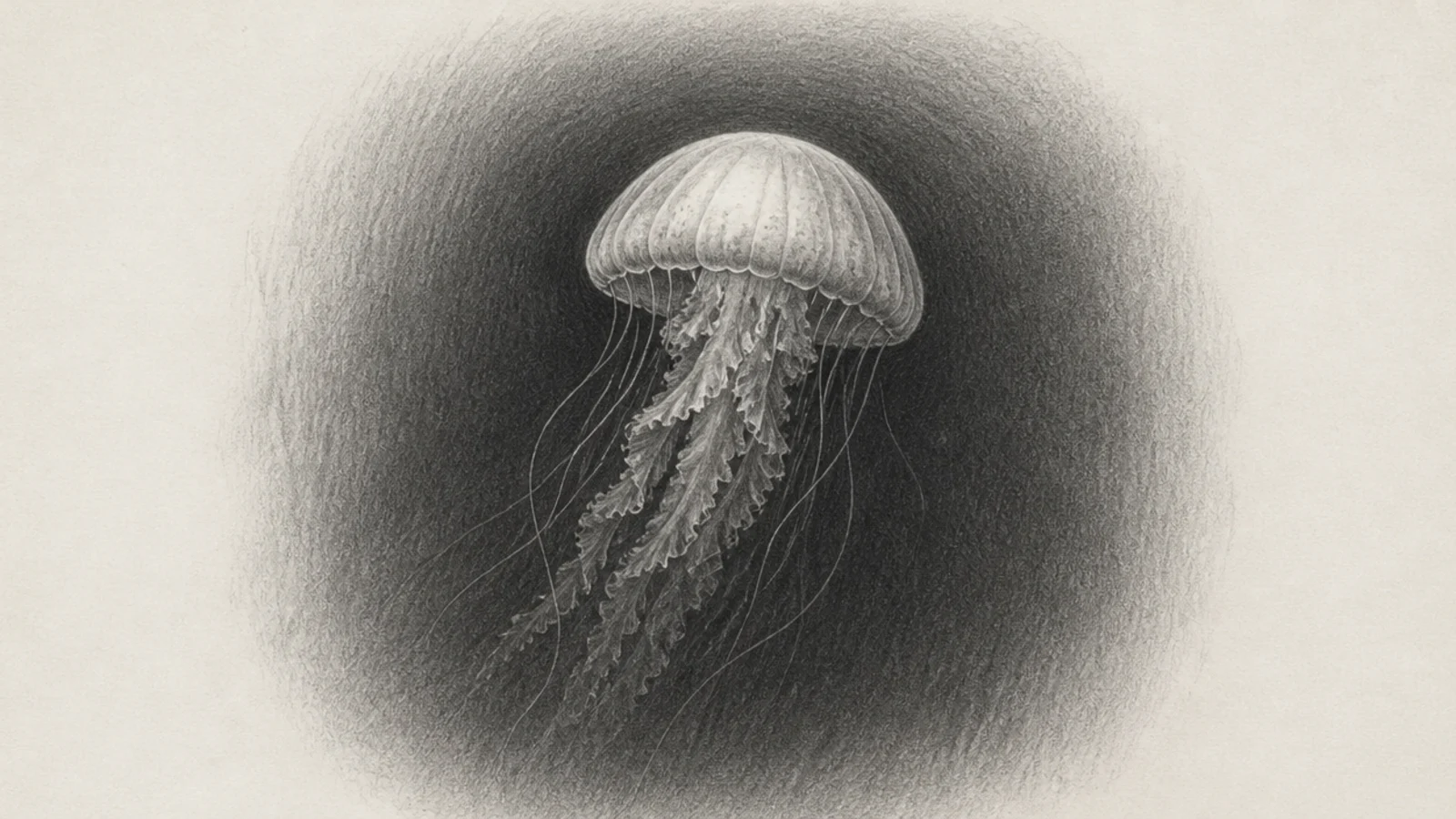 A moody jellyfish emerging from deep dark graphite shadow