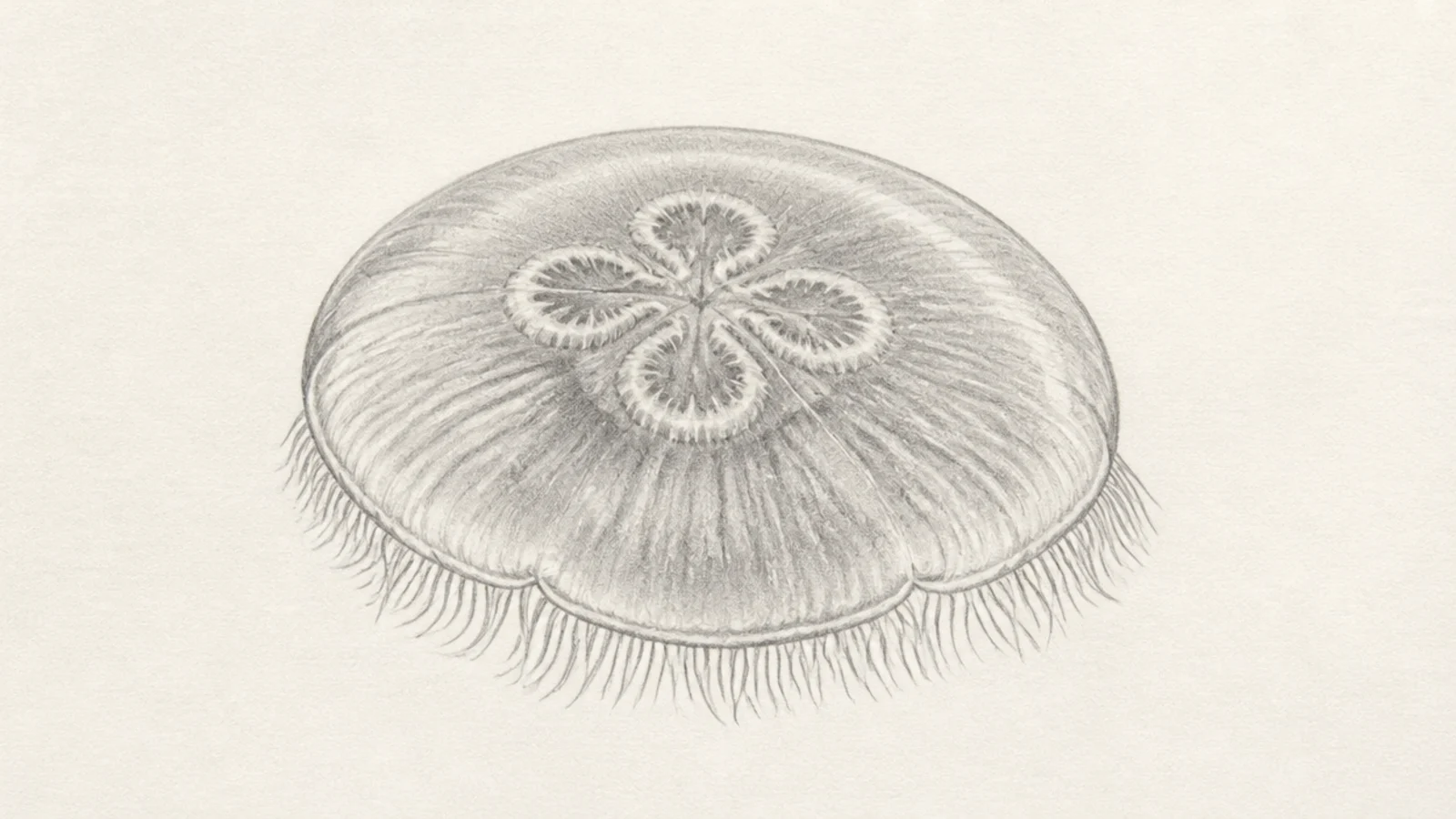 A realistic moon jellyfish with four rings rendered in graphite