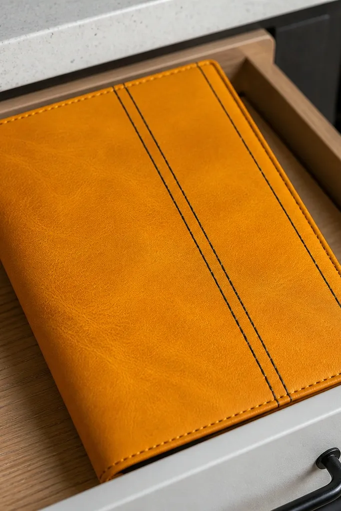 Saffron faux-leather journal cover with black stitched lines and a clean spine edge
