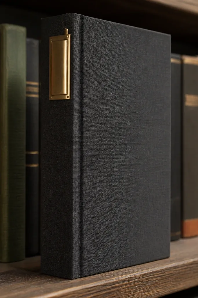 Charcoal fabric journal cover with a small brass label on the spine