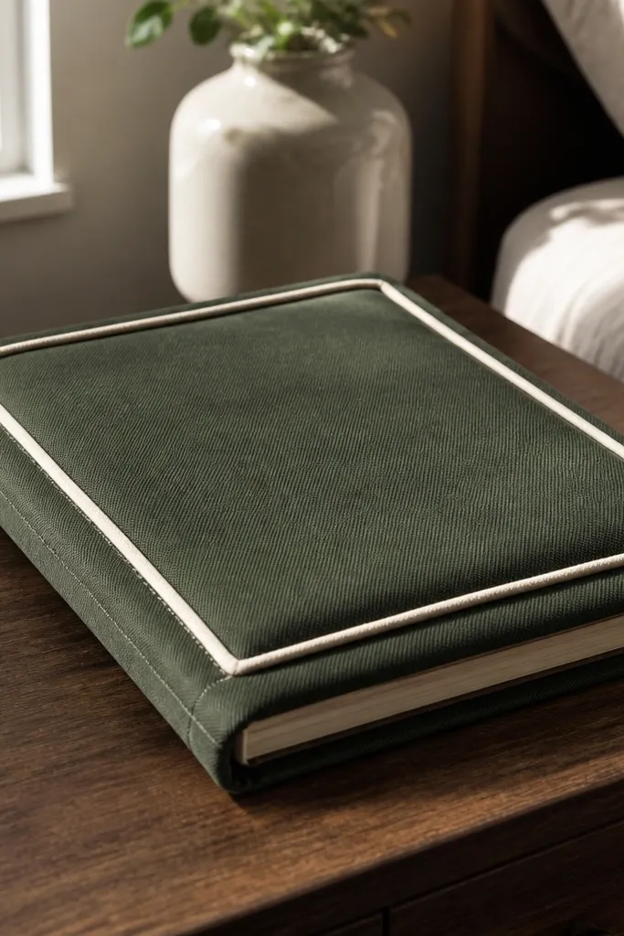 Forest green padded journal cover with cream piping along the edges