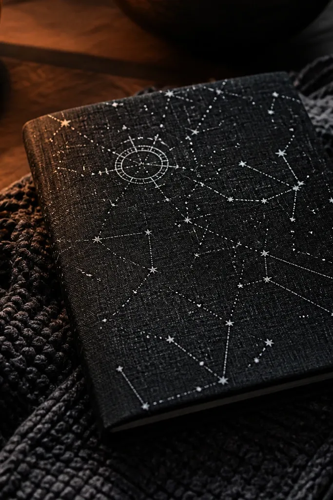Black linen journal cover with a white constellation heat-transfer design