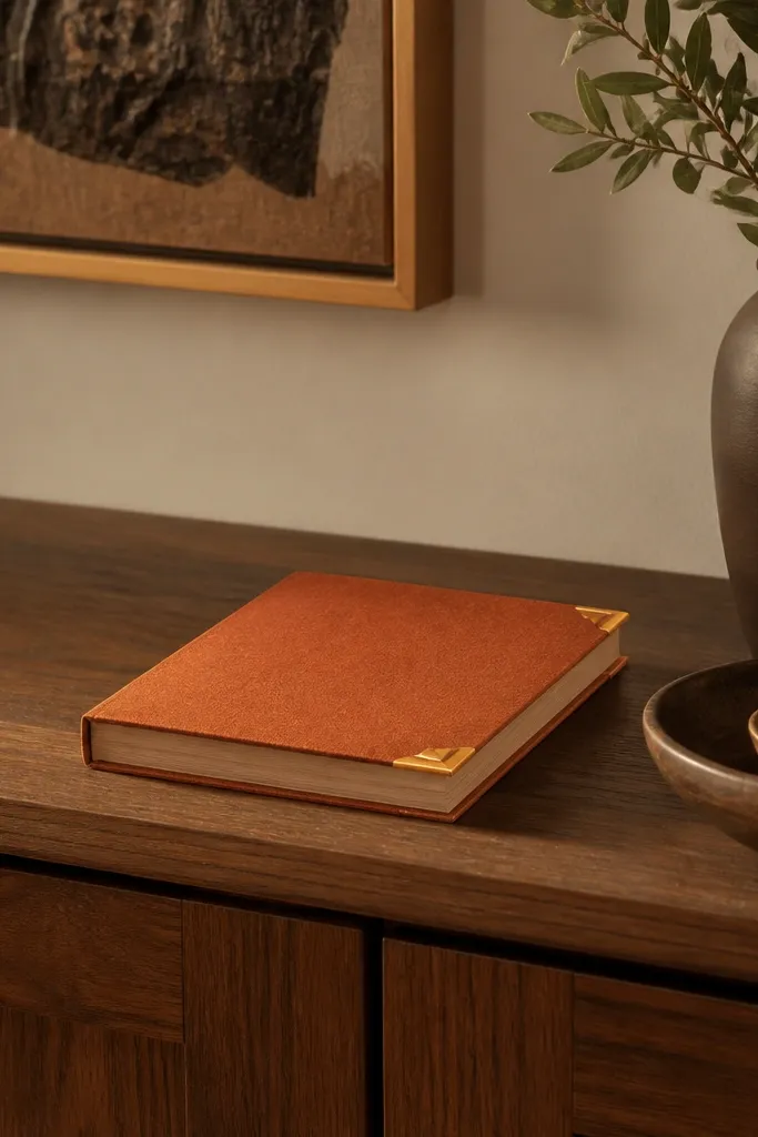 Terracotta journal cover with small gold foil triangles at each corner