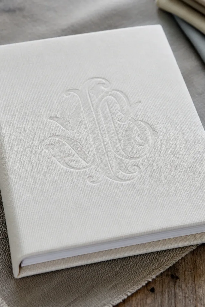 Ivory fabric journal cover with a tonal embossed monogram