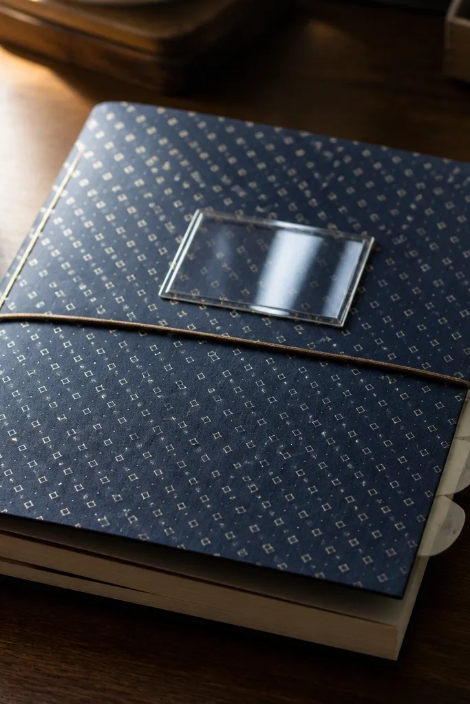 Navy patterned journal cover with a clear acrylic label window