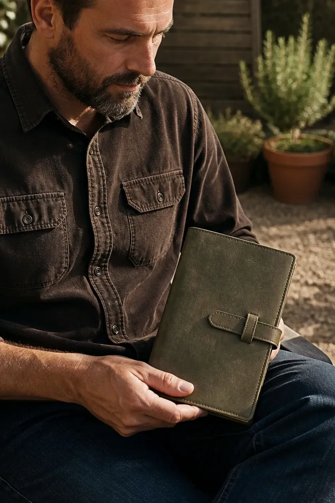 Olive waxed canvas journal cover with a stitched strap closure